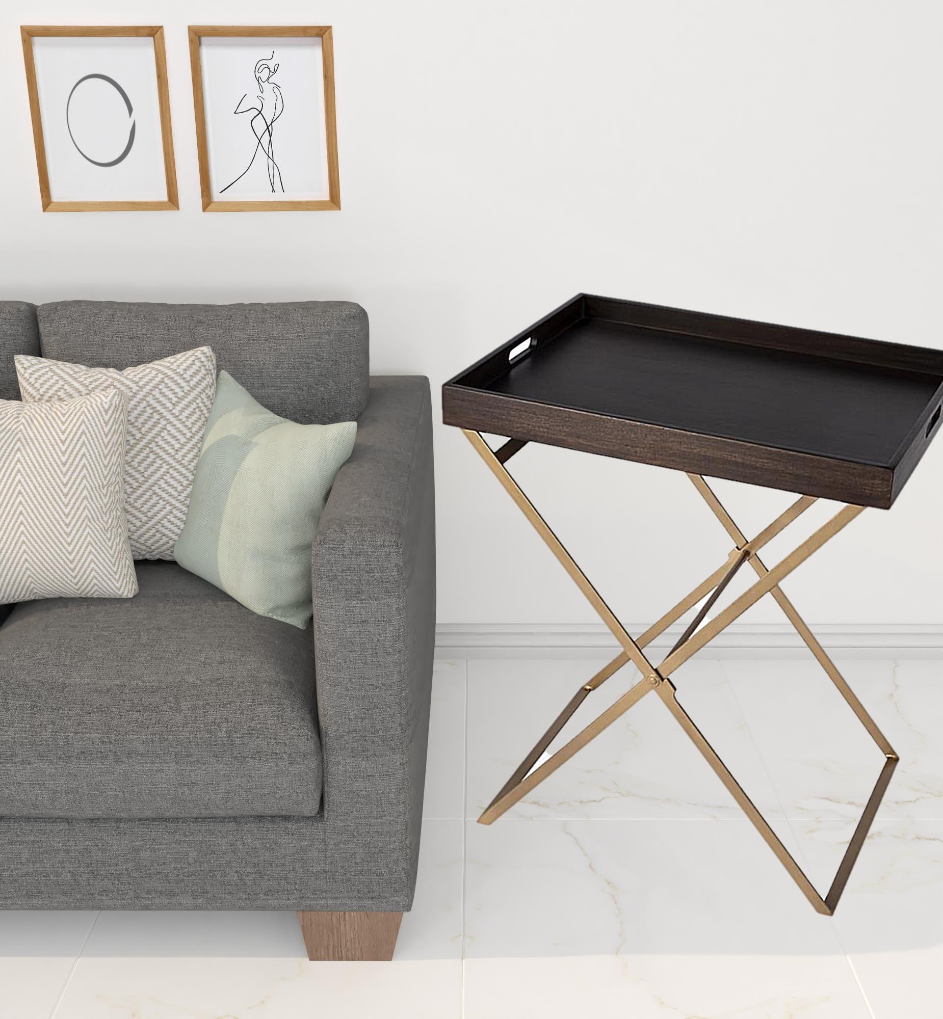 27" Gold And Walnut Solid Wood Rectangular End Table-6