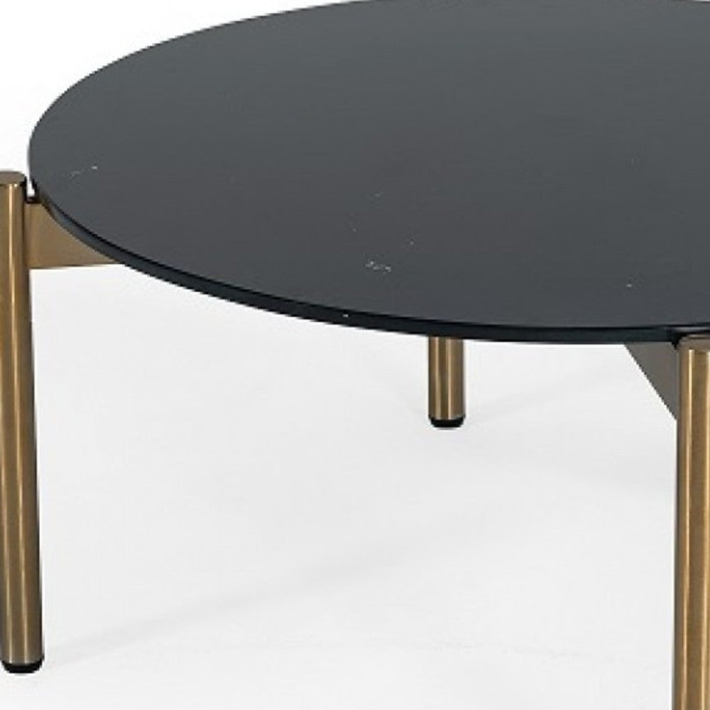 36" Black and Gold Faux Marble And Steel Round Coffee Table-3