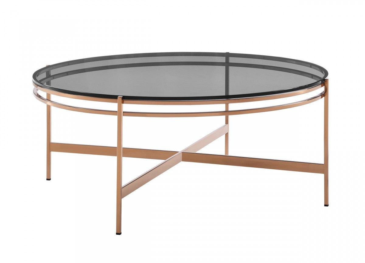 35" Gray and Gold Glass And Stainless Steel Round Coffee Table-2