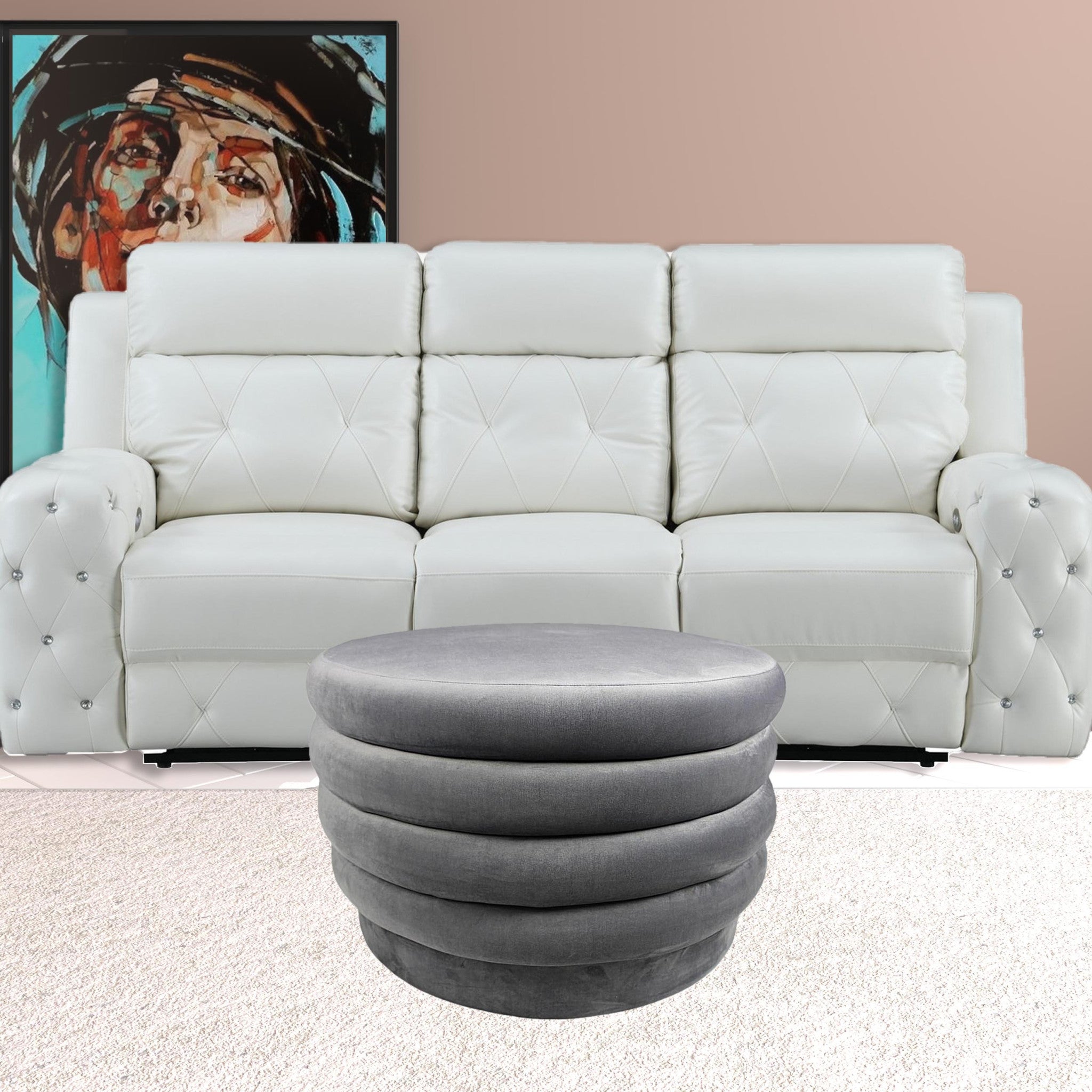 31" Gray Velvet Tufted Round Cocktail Ottoman-1