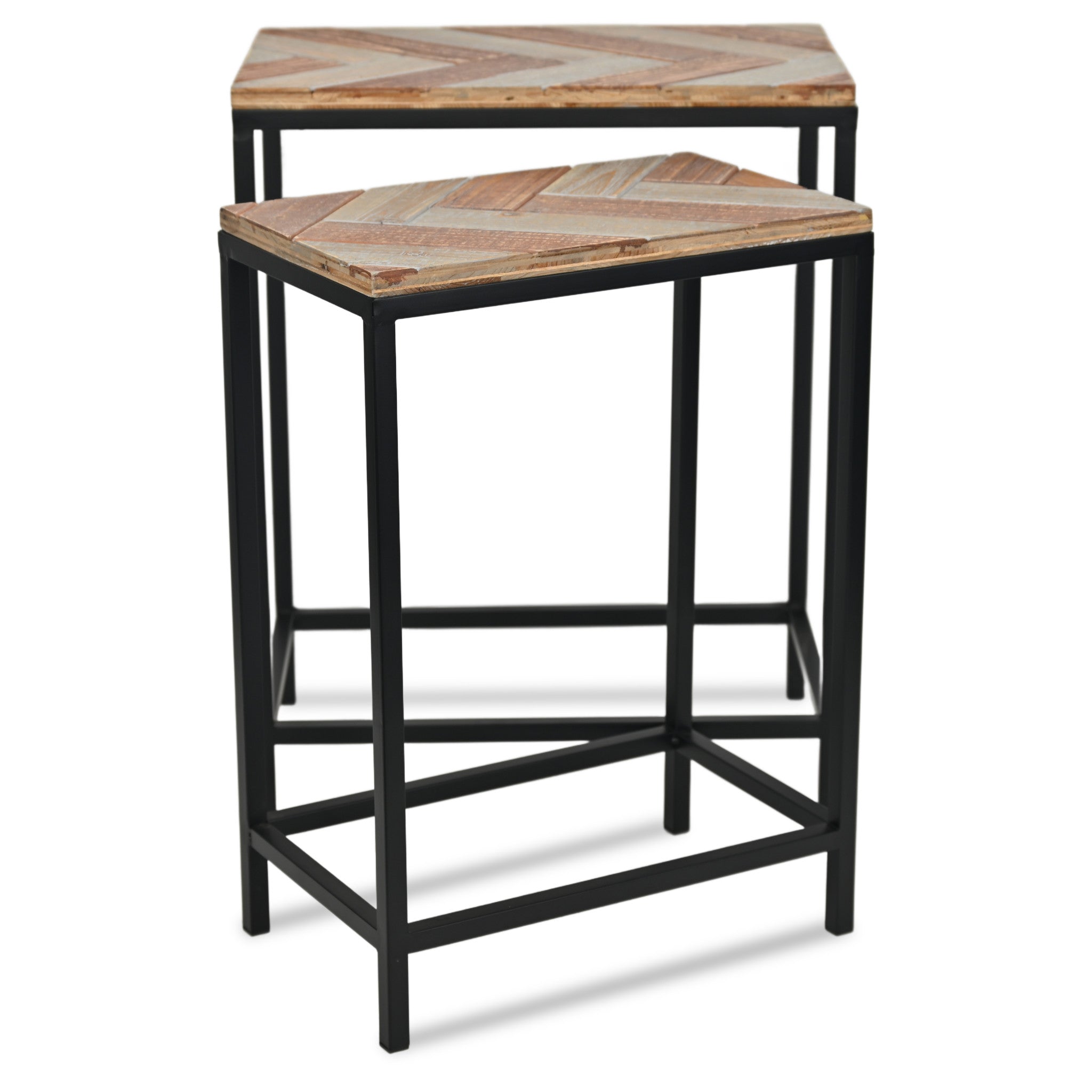 Set of Two 24" Black And Brown Solid Wood And Steel Nested Tables-0