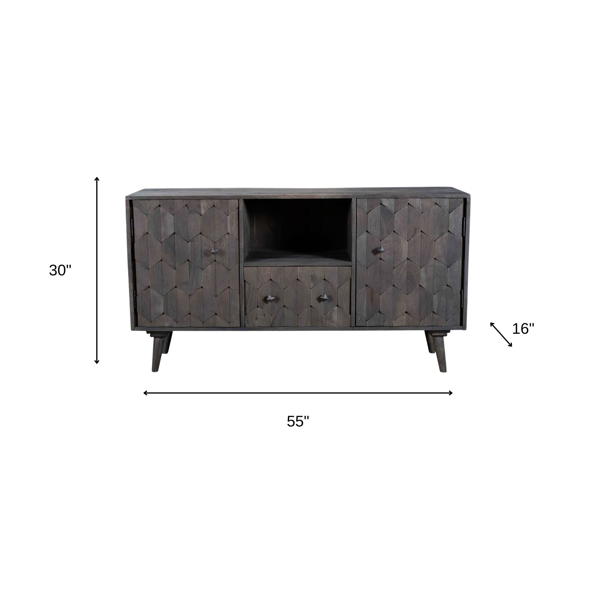 55" Dark Gray Carved Geometric Distressed Solid Wood Enclosed and Open Storage TV Stand-8