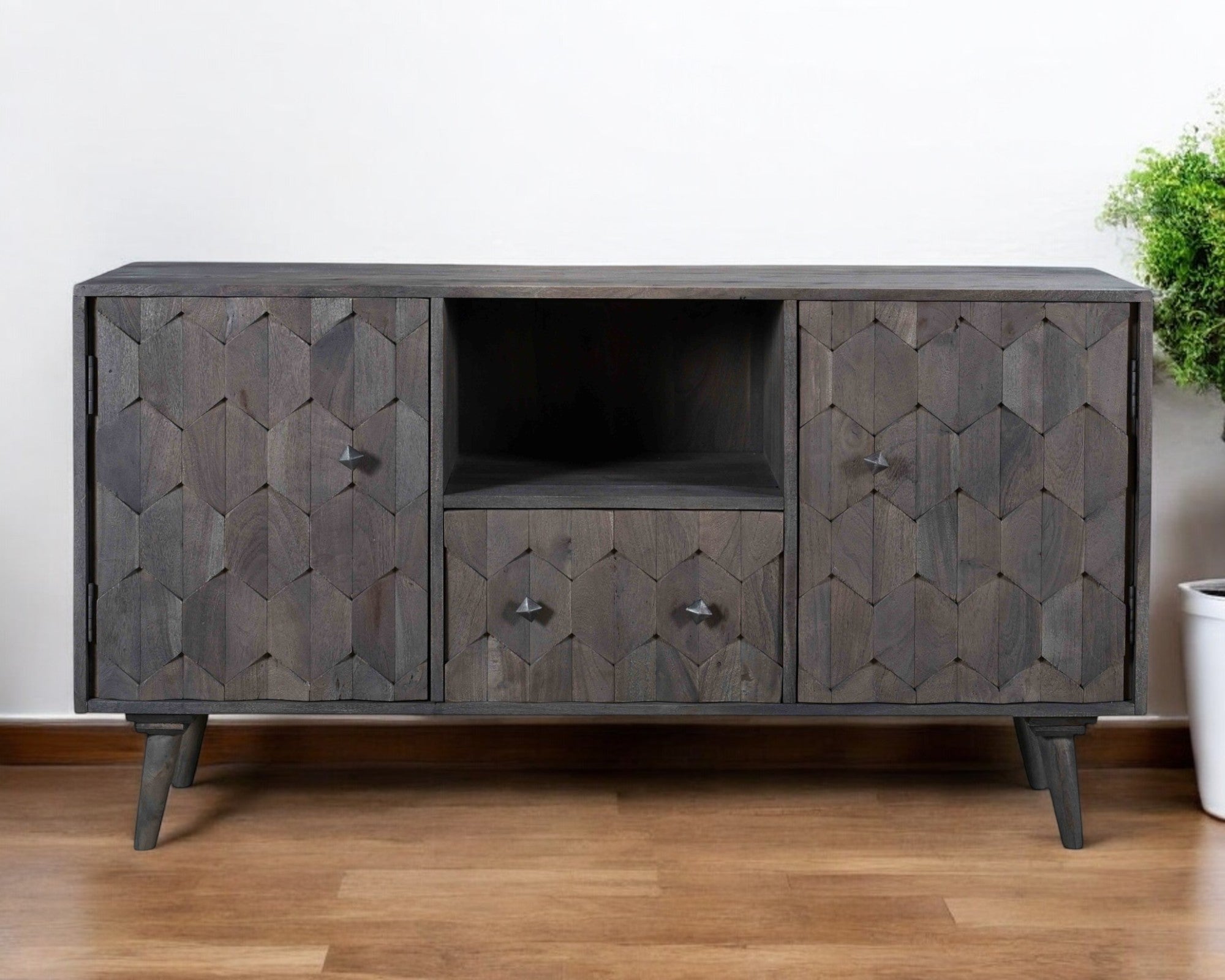 55" Dark Gray Carved Geometric Distressed Solid Wood Enclosed and Open Storage TV Stand-0