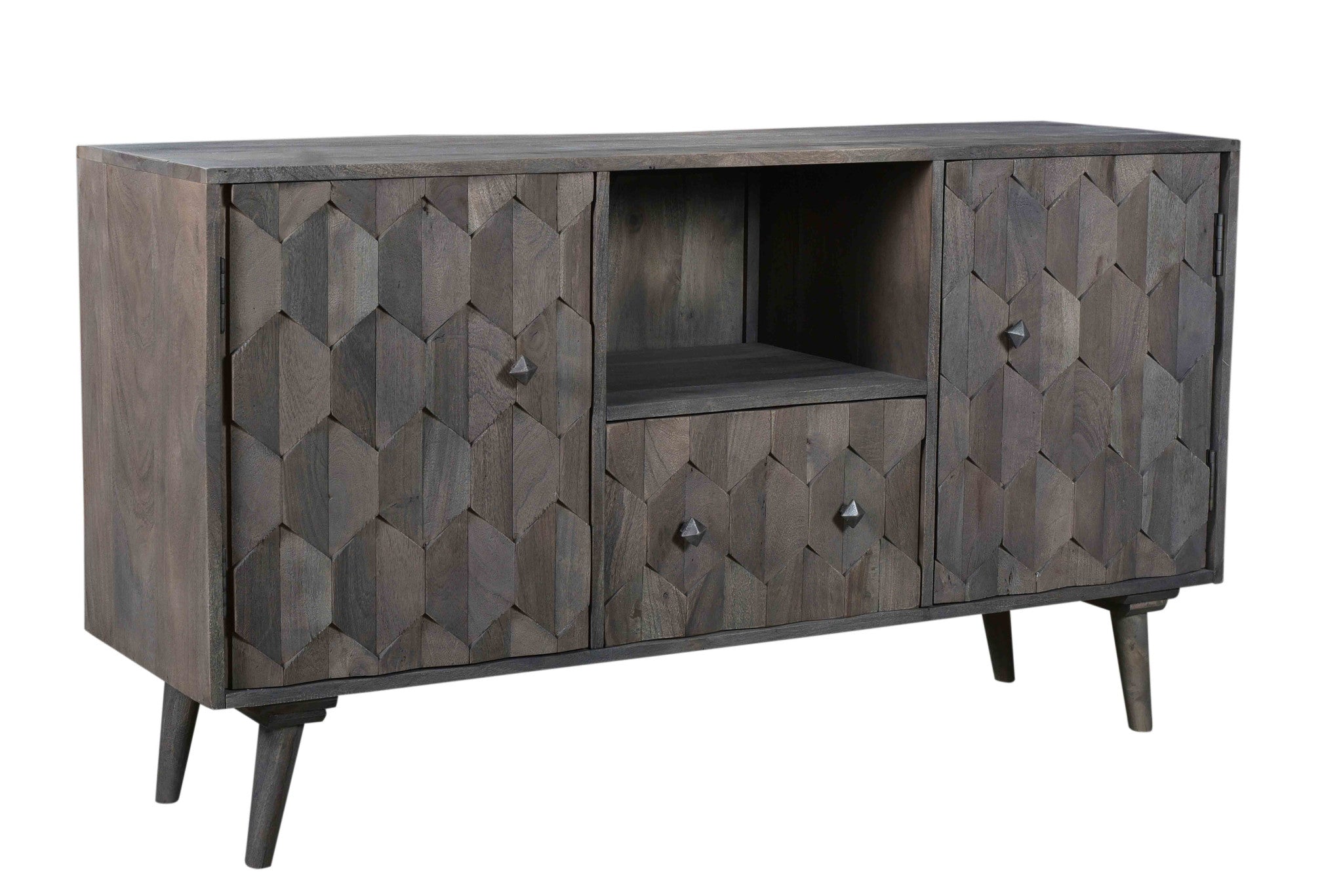 55" Dark Gray Carved Geometric Distressed Solid Wood Enclosed and Open Storage TV Stand-2