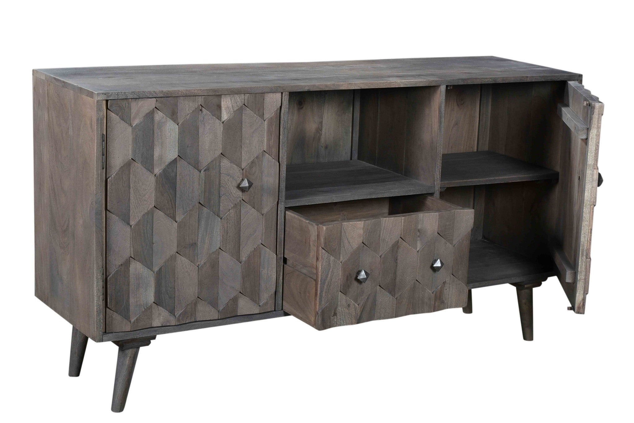 55" Dark Gray Carved Geometric Distressed Solid Wood Enclosed and Open Storage TV Stand-3