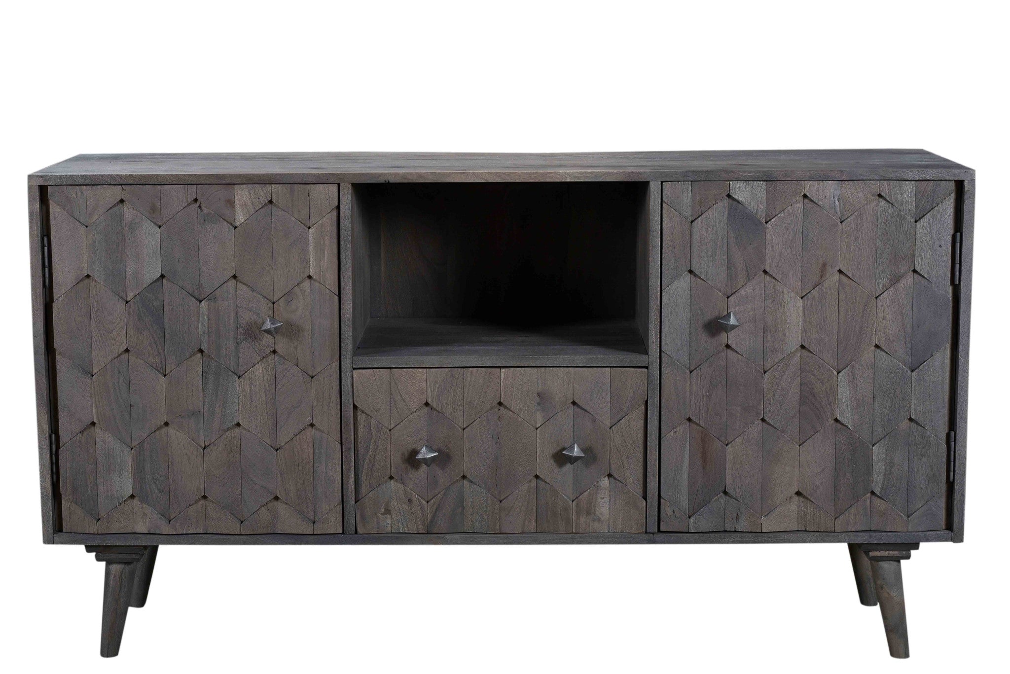 55" Dark Gray Carved Geometric Distressed Solid Wood Enclosed and Open Storage TV Stand-1