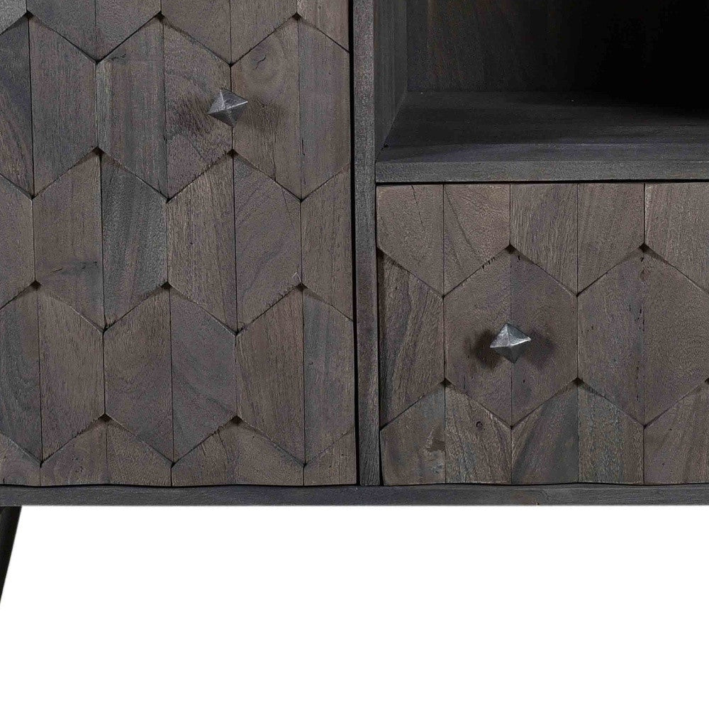 55" Dark Gray Carved Geometric Distressed Solid Wood Enclosed and Open Storage TV Stand-6
