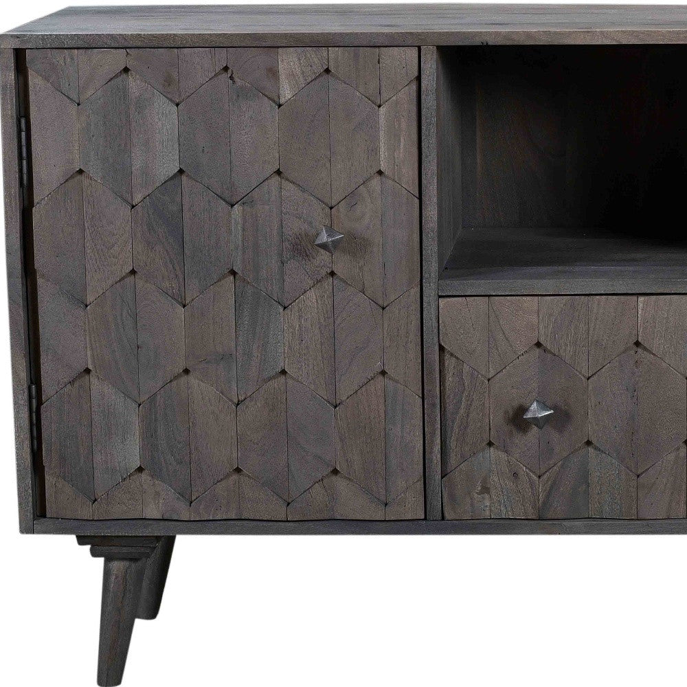 55" Dark Gray Carved Geometric Distressed Solid Wood Enclosed and Open Storage TV Stand-7