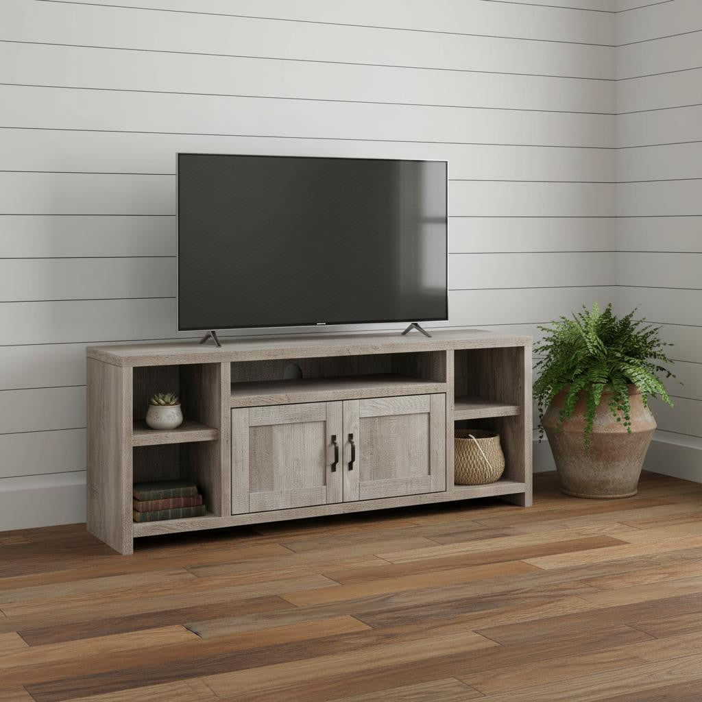 59" Taupe Distressed Wood Enclosed and Open Storage TV Stand-0