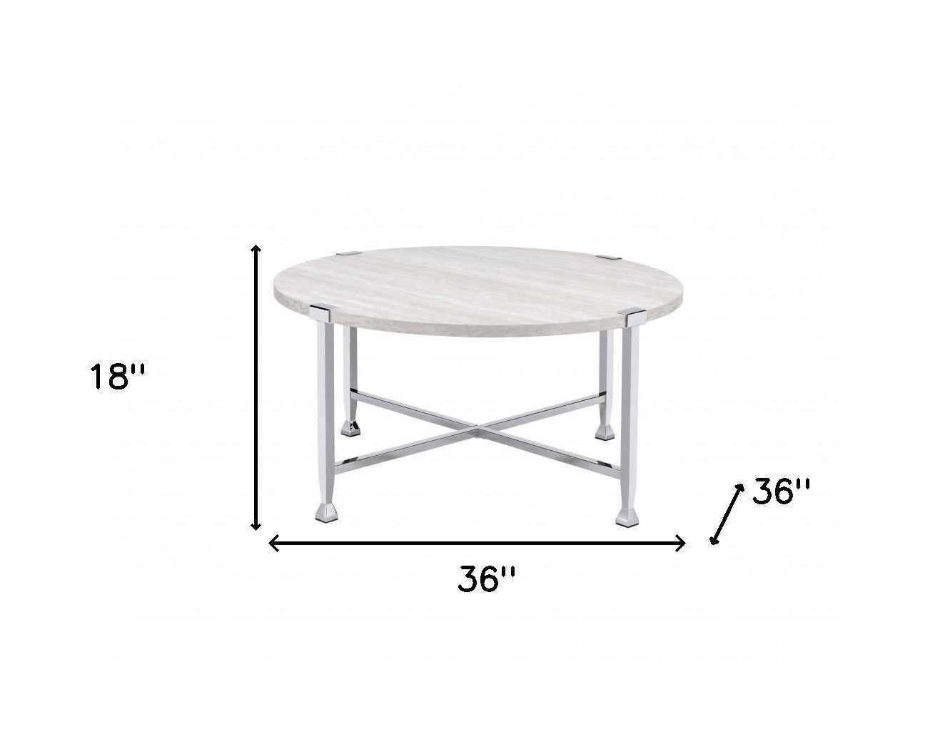 36" White and Silver Metal Round Cross Legs Coffee Table-4