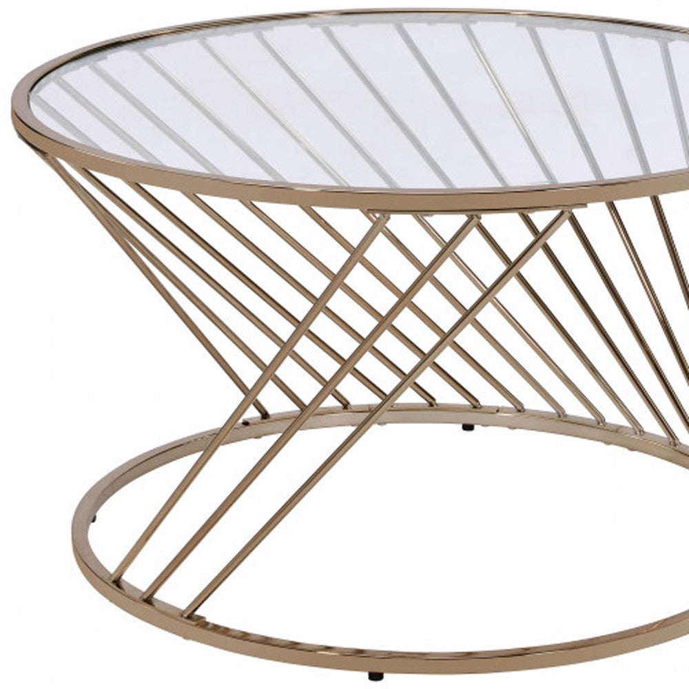 32" Clear and Champagne Glass And Metal Round Frame Coffee Table-3