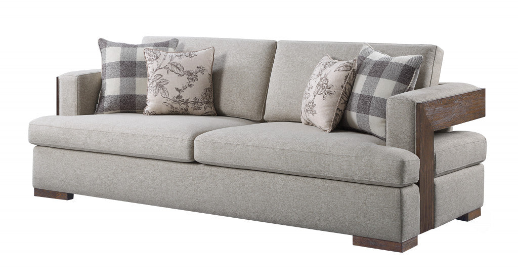 92" Beige Fabric Sofa And Toss Pillows With Brown Legs-0