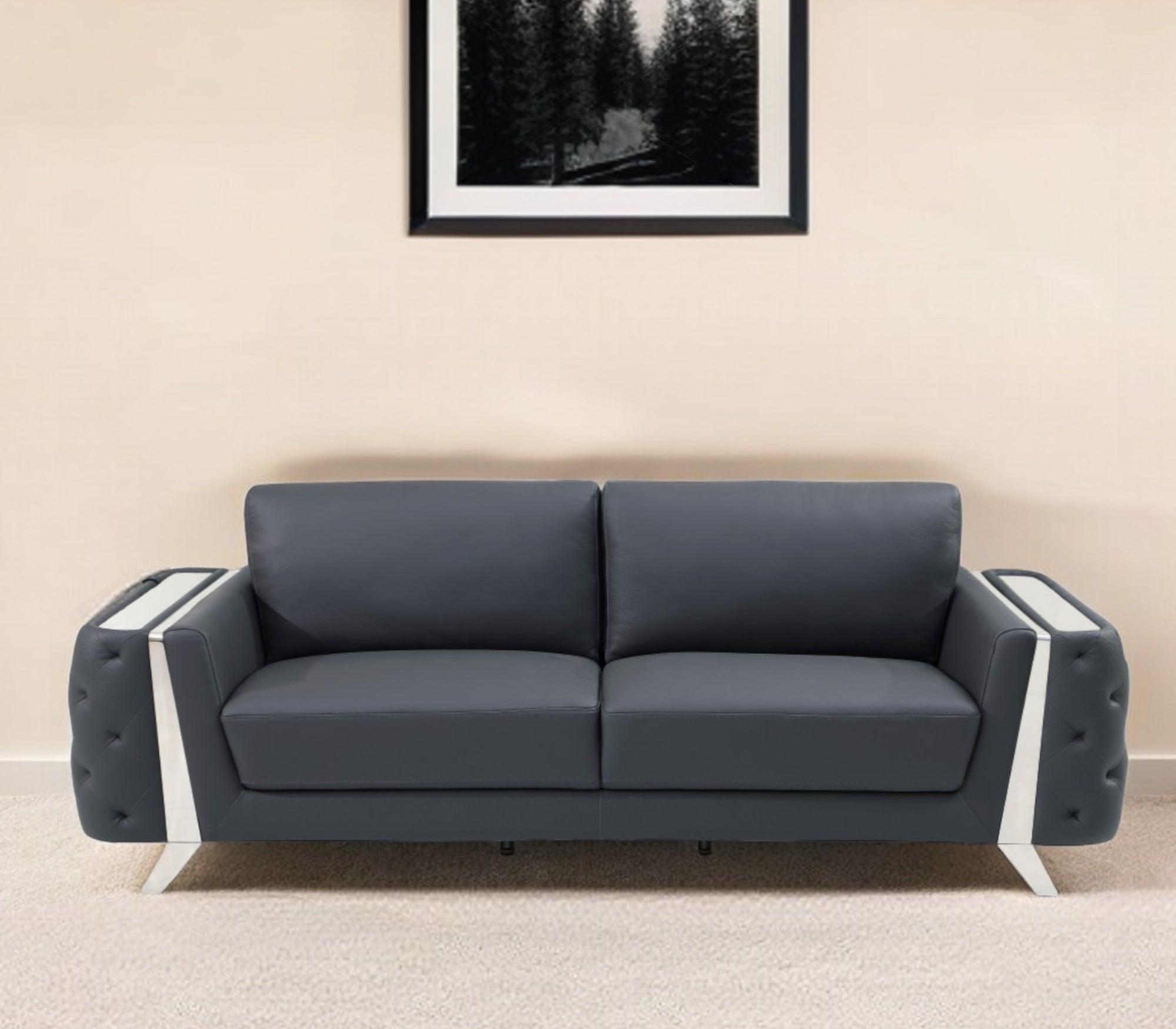 90" Gray Italian Leather Sofa With Silver Legs-0