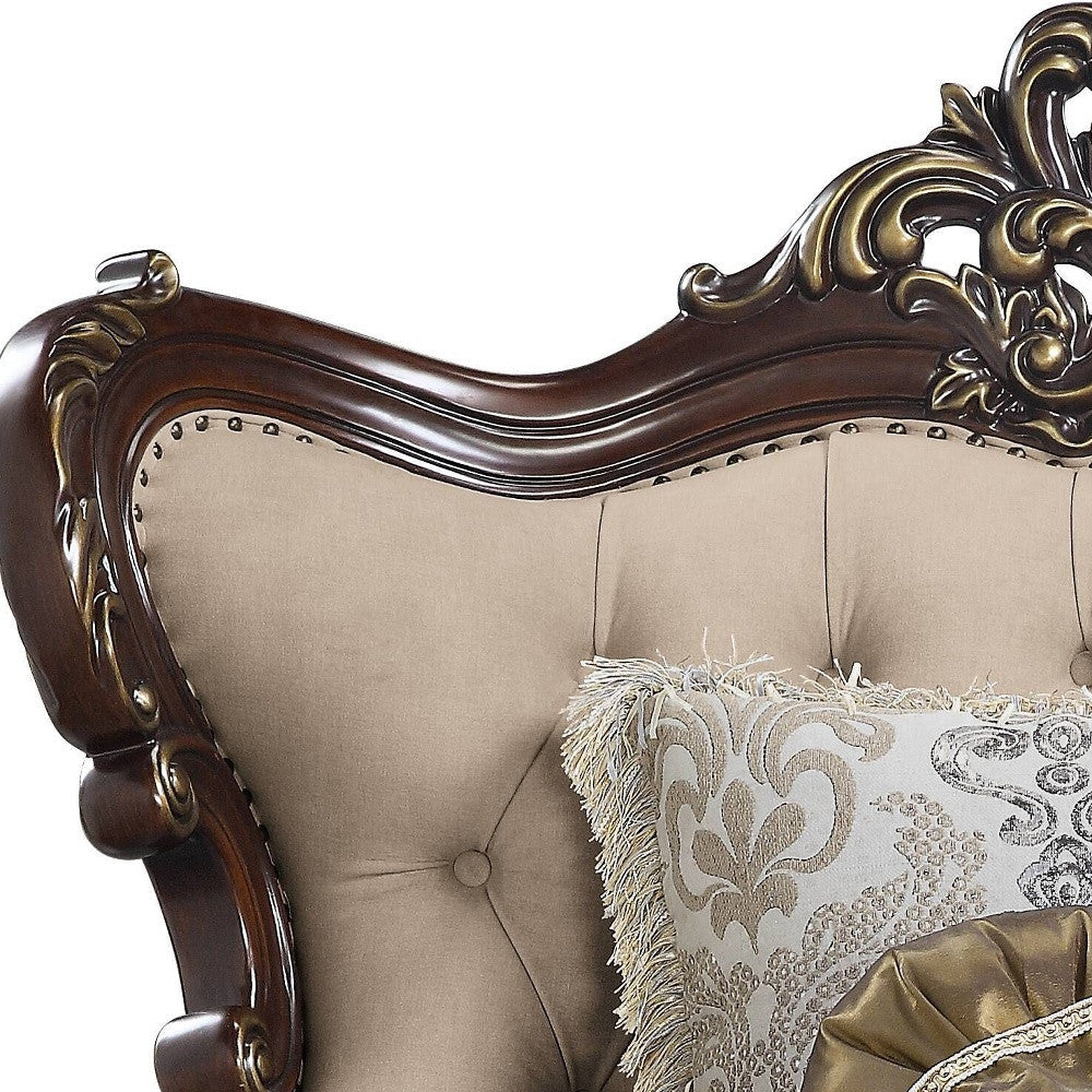 48" Beige and Brown Linen Floral Arm Chair And Toss Pillows-3