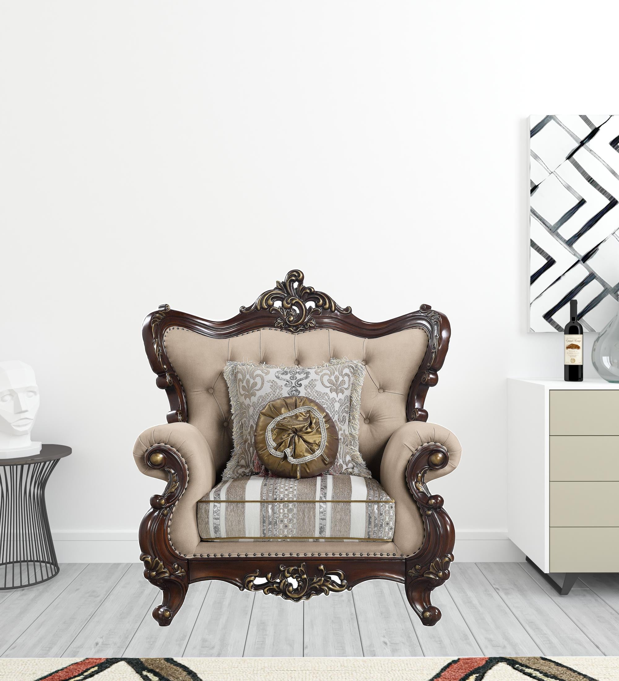 48" Beige and Brown Linen Floral Arm Chair And Toss Pillows-1