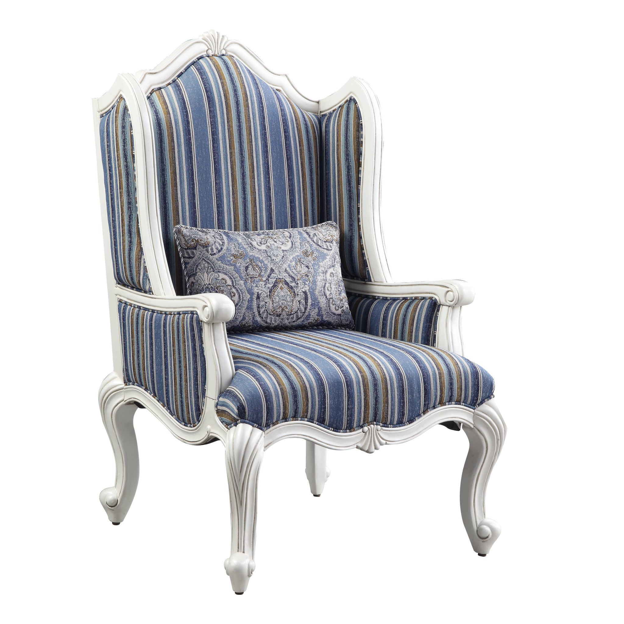 31" Blue and White Fabric Striped Wingback Chair And Toss Pillow-0