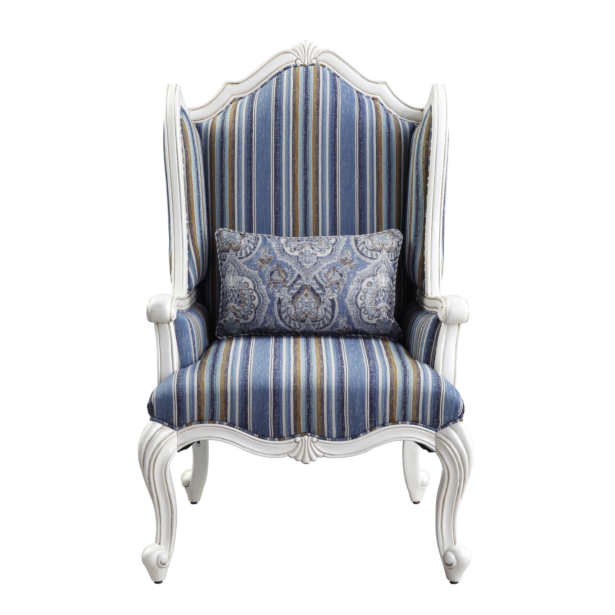 31" Blue and White Fabric Striped Wingback Chair And Toss Pillow-1