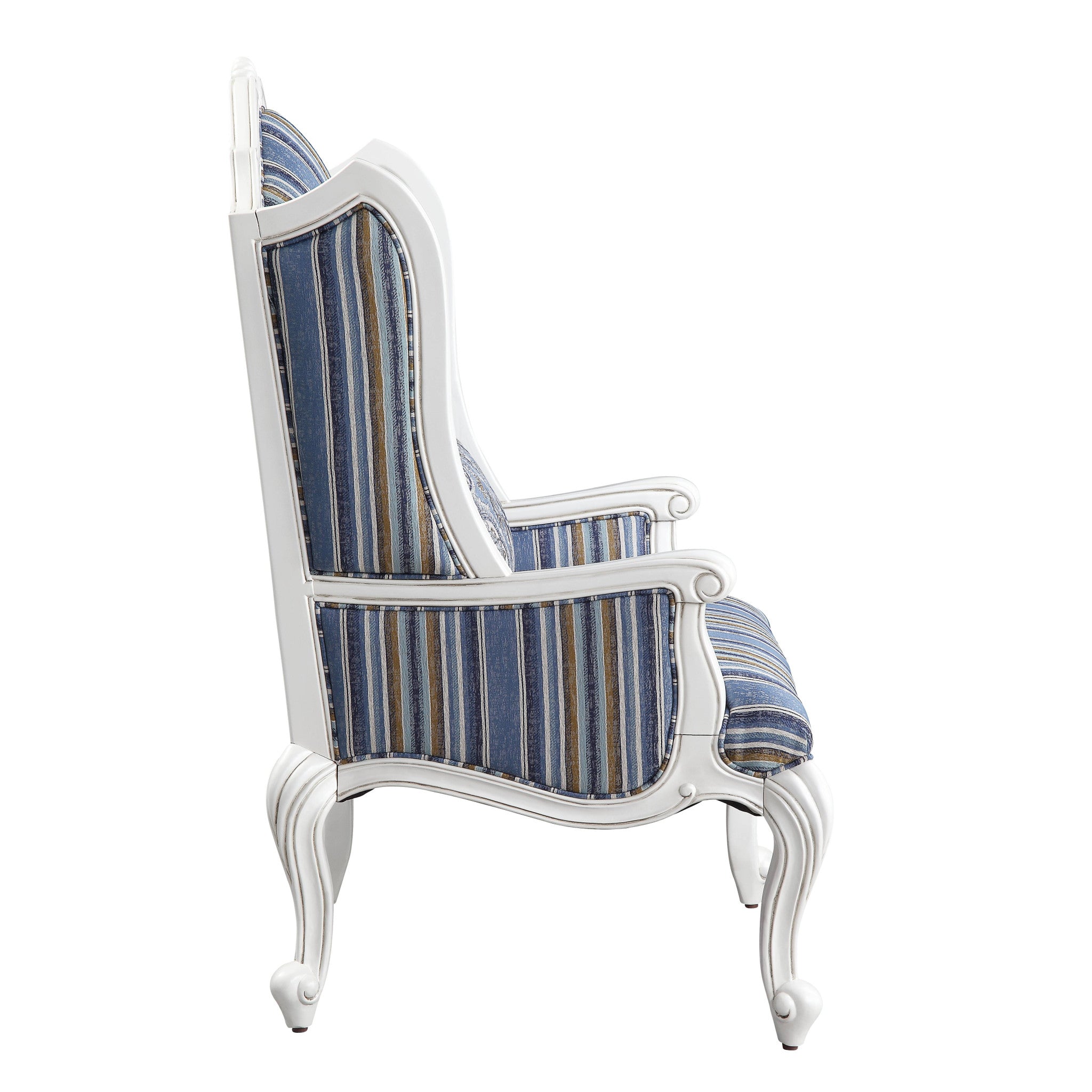 31" Blue and White Fabric Striped Wingback Chair And Toss Pillow-2