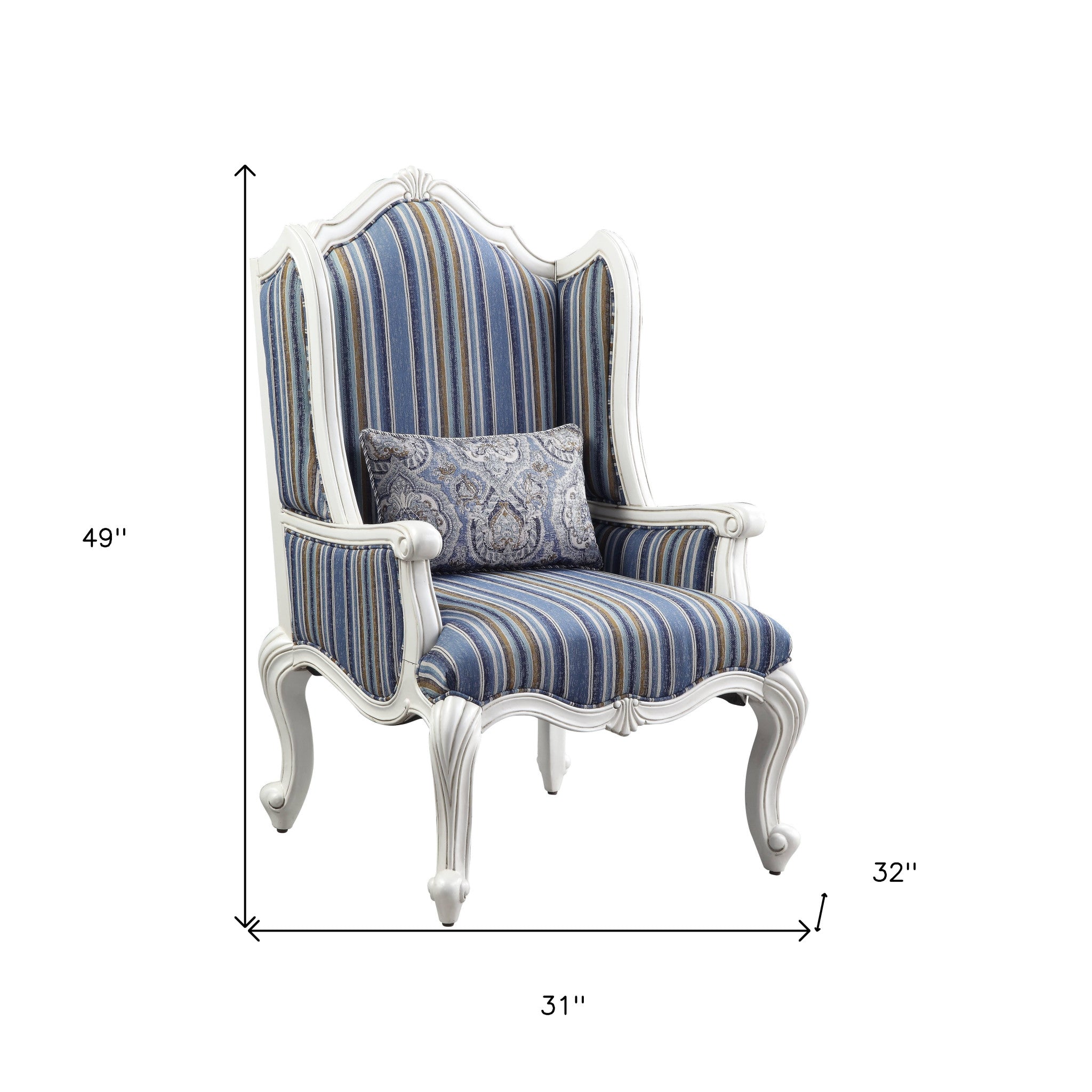 31" Blue and White Fabric Striped Wingback Chair And Toss Pillow-6