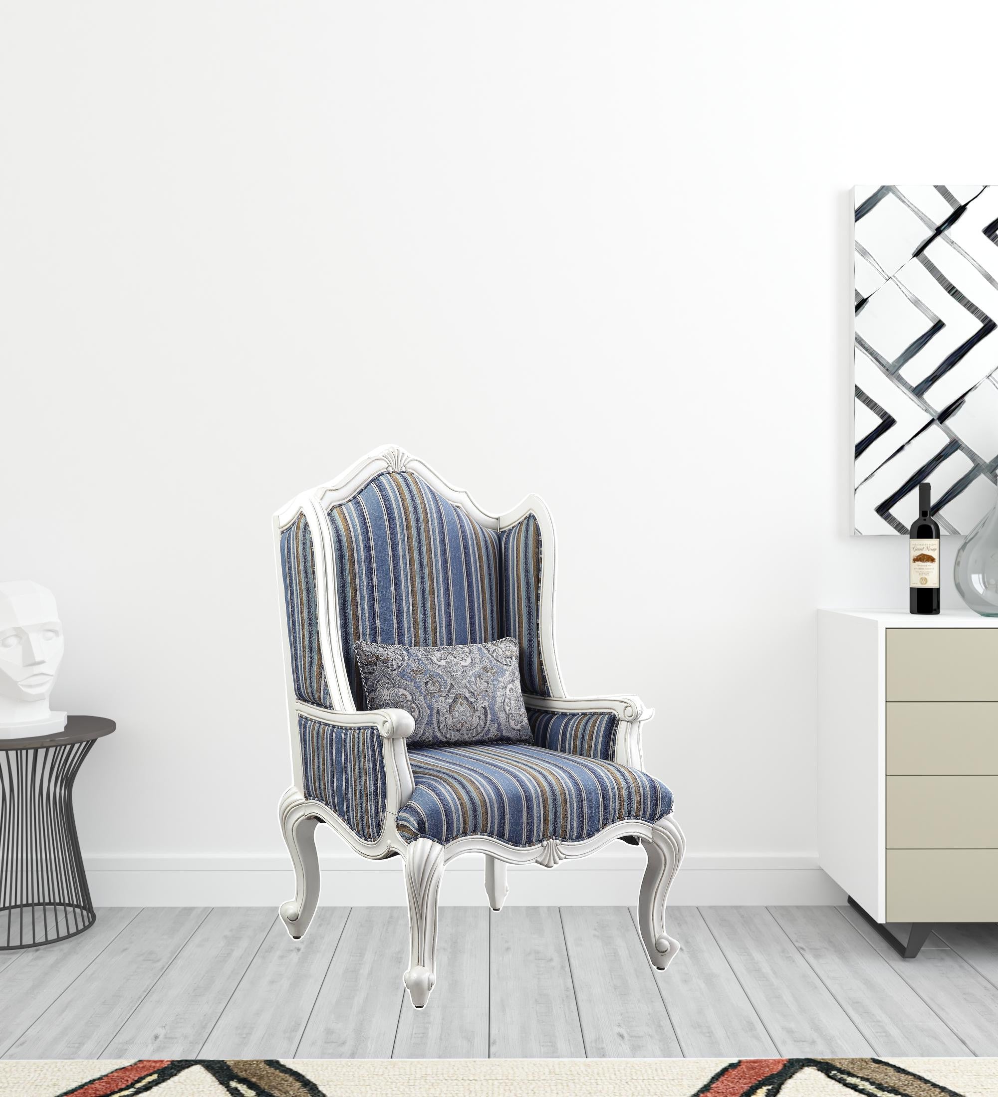 31" Blue and White Fabric Striped Wingback Chair And Toss Pillow-4