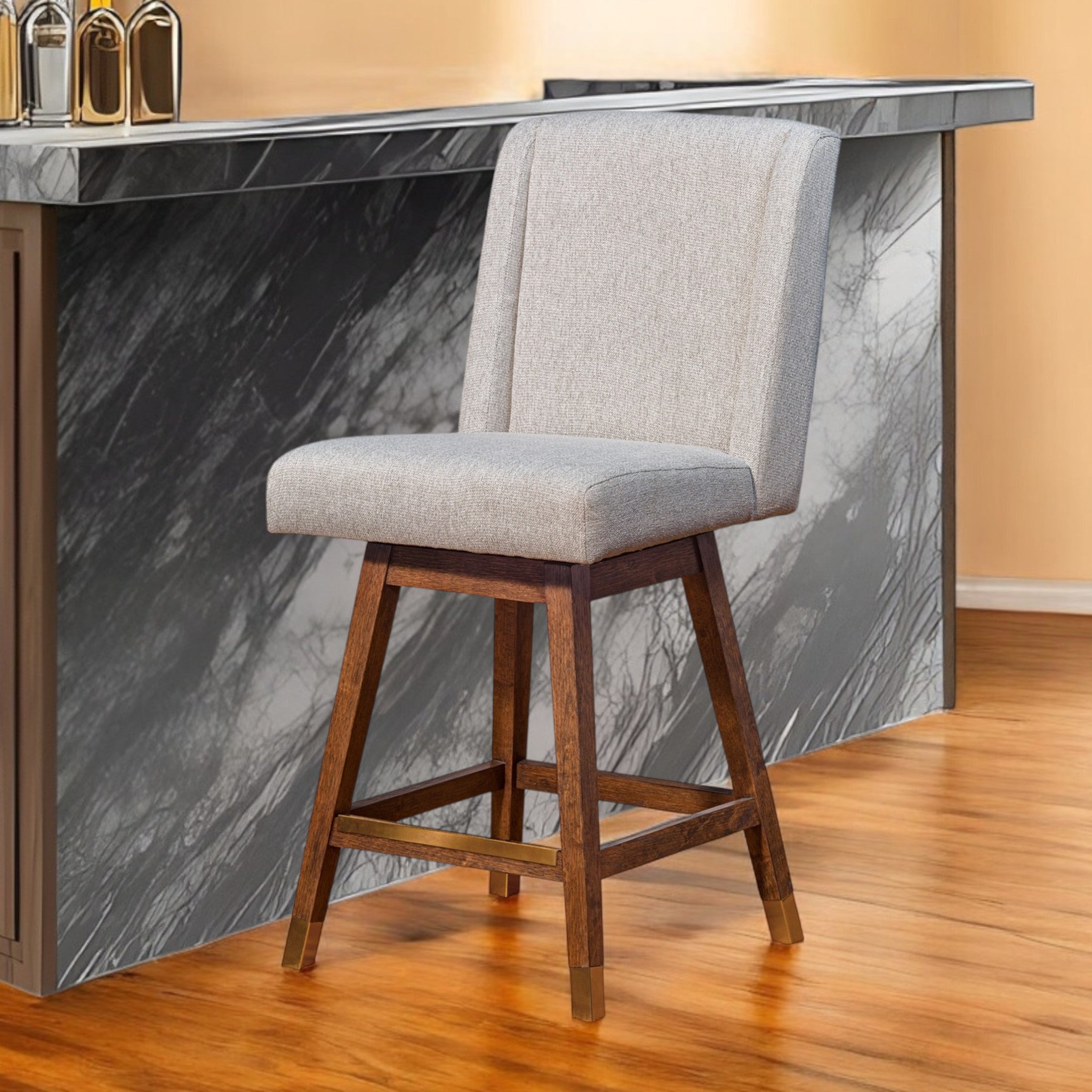 26" Taupe and Brown Solid Wood Swivel Bar Chair-0