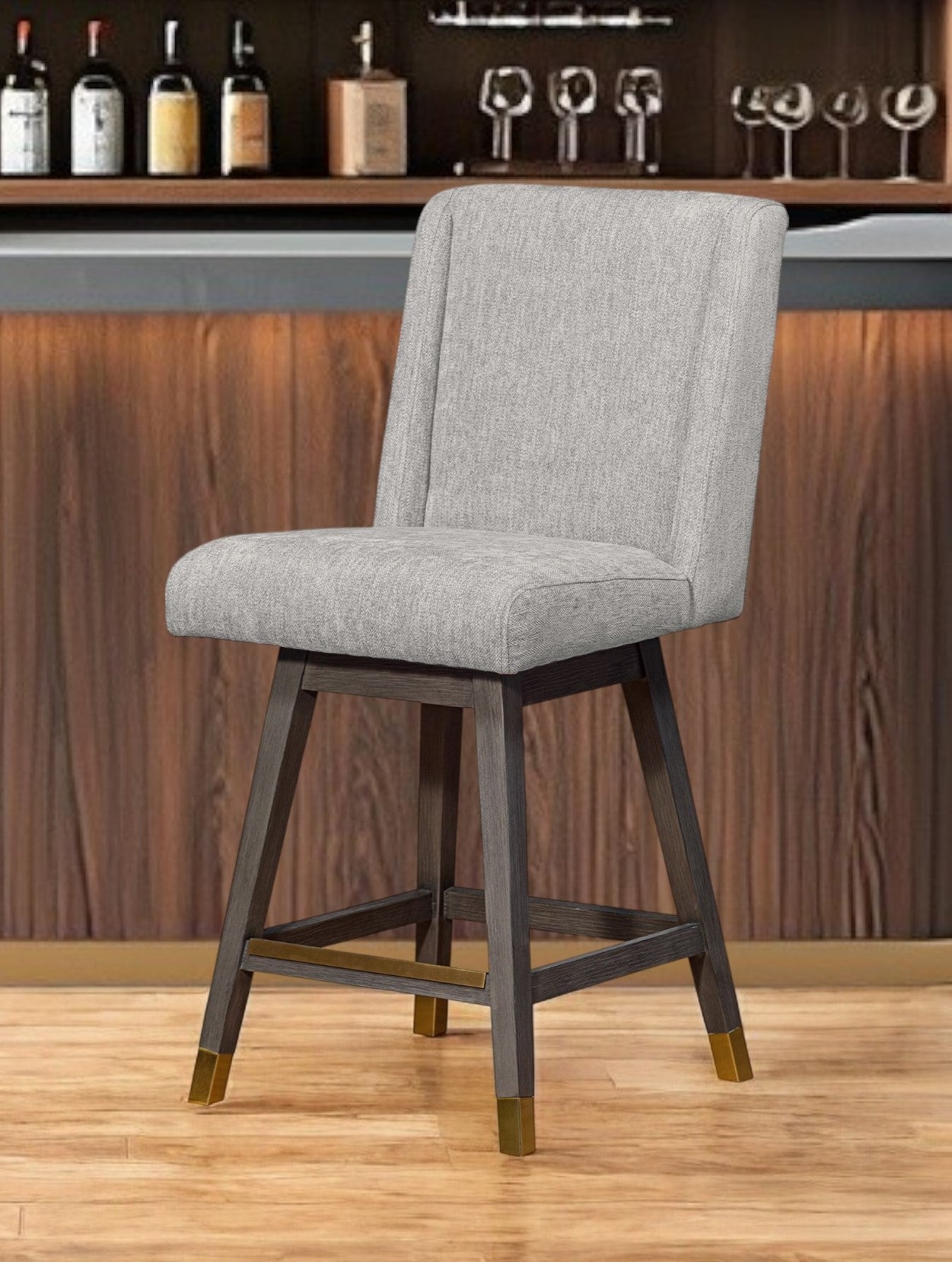 26" Brown and Gray Fabric and Solid Wood Counter Height Swivel Bar Chair-0