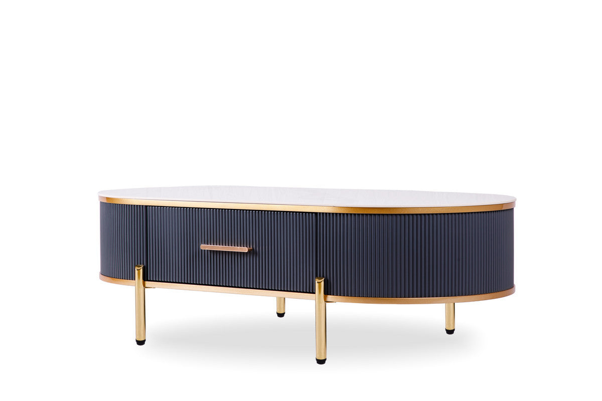 47" White And Gold Stone And Stainless Steel Oval Coffee Table With Drawer-1