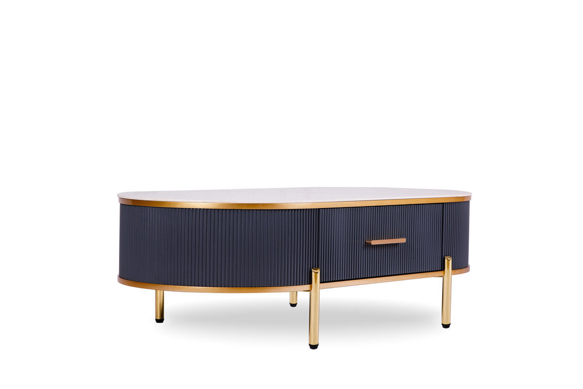 47" White And Gold Stone And Stainless Steel Oval Coffee Table With Drawer-0