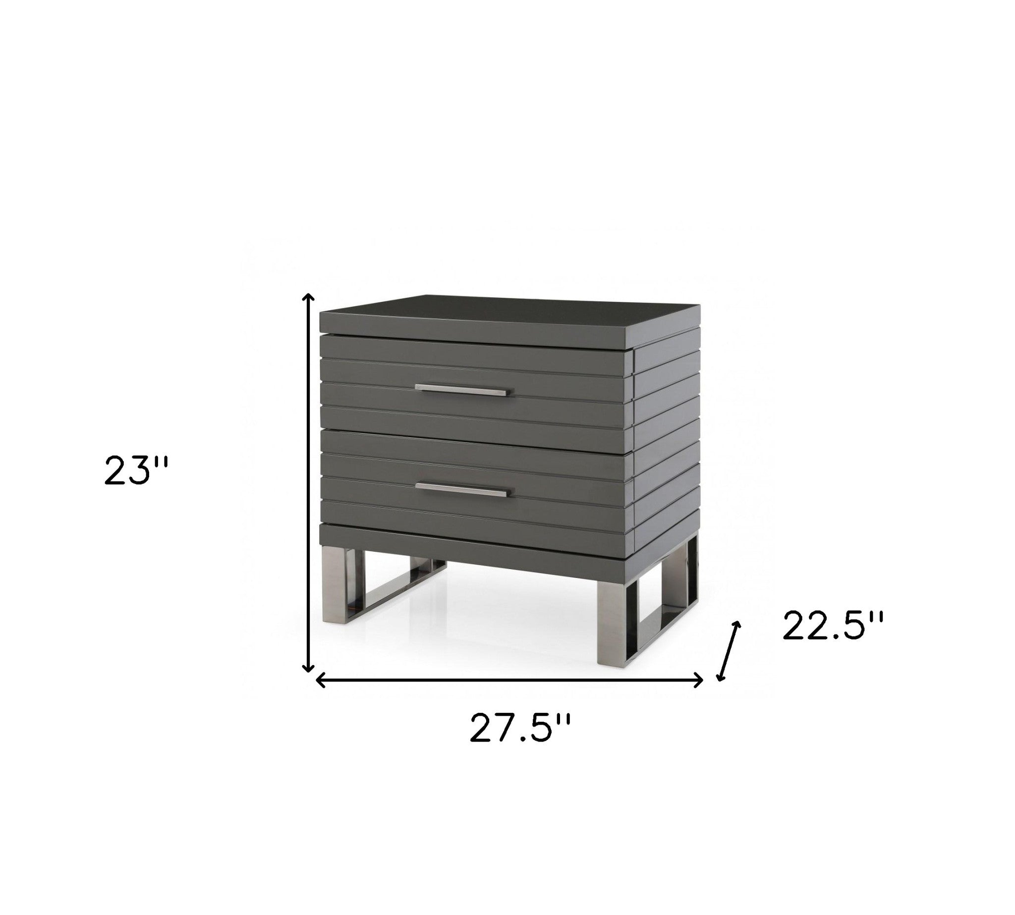 23" Silver And Gray Stainless Steel Solid and Manufactured Wood Two Drawer Nightstand-6