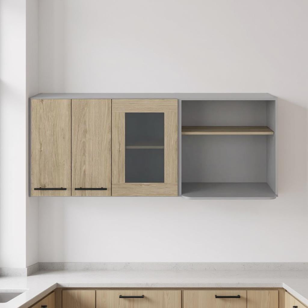 24" Gray and Natural Wood Wall Mounted Kitchen Cabinet With Three Doors-0