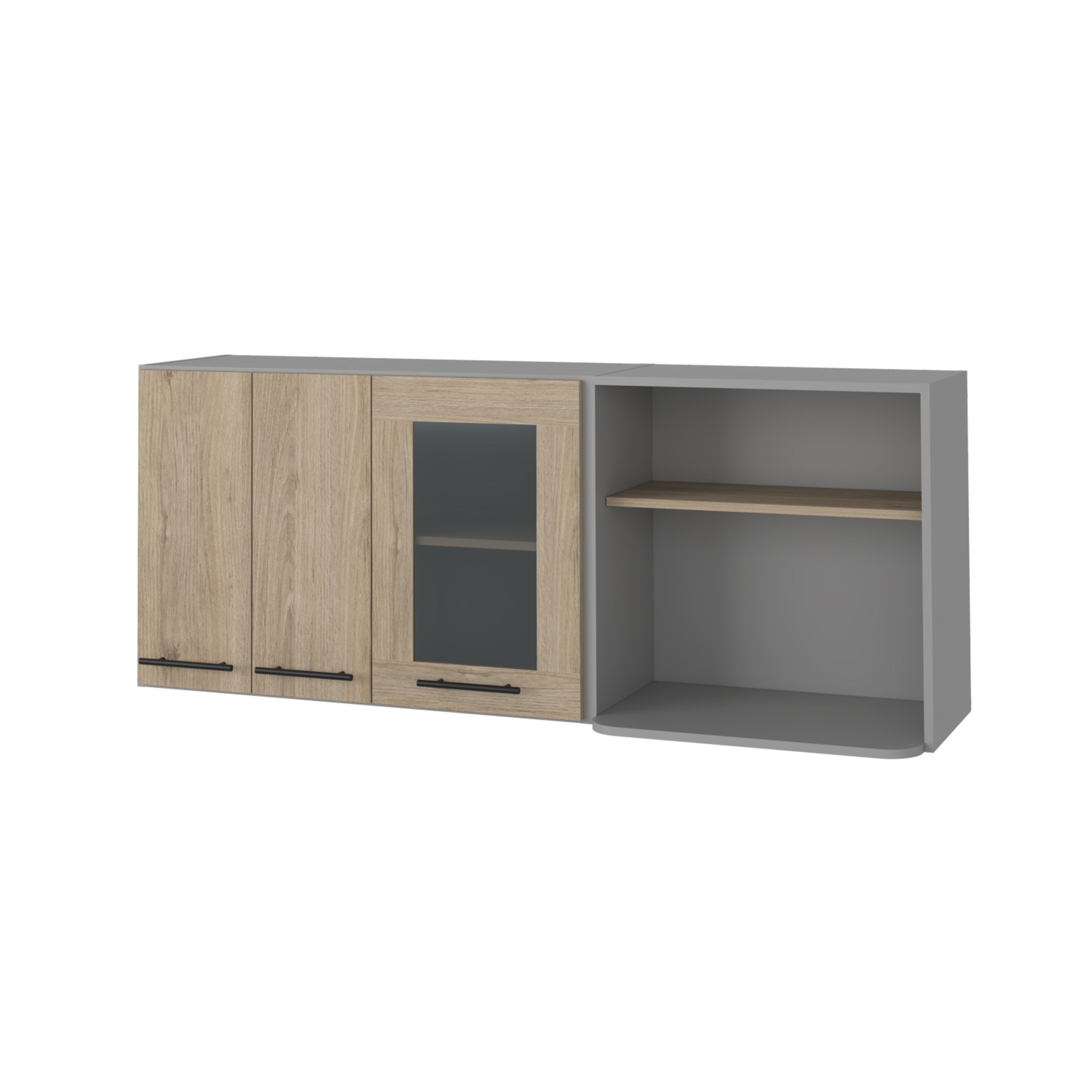 24" Gray and Natural Wood Wall Mounted Kitchen Cabinet With Three Doors-2