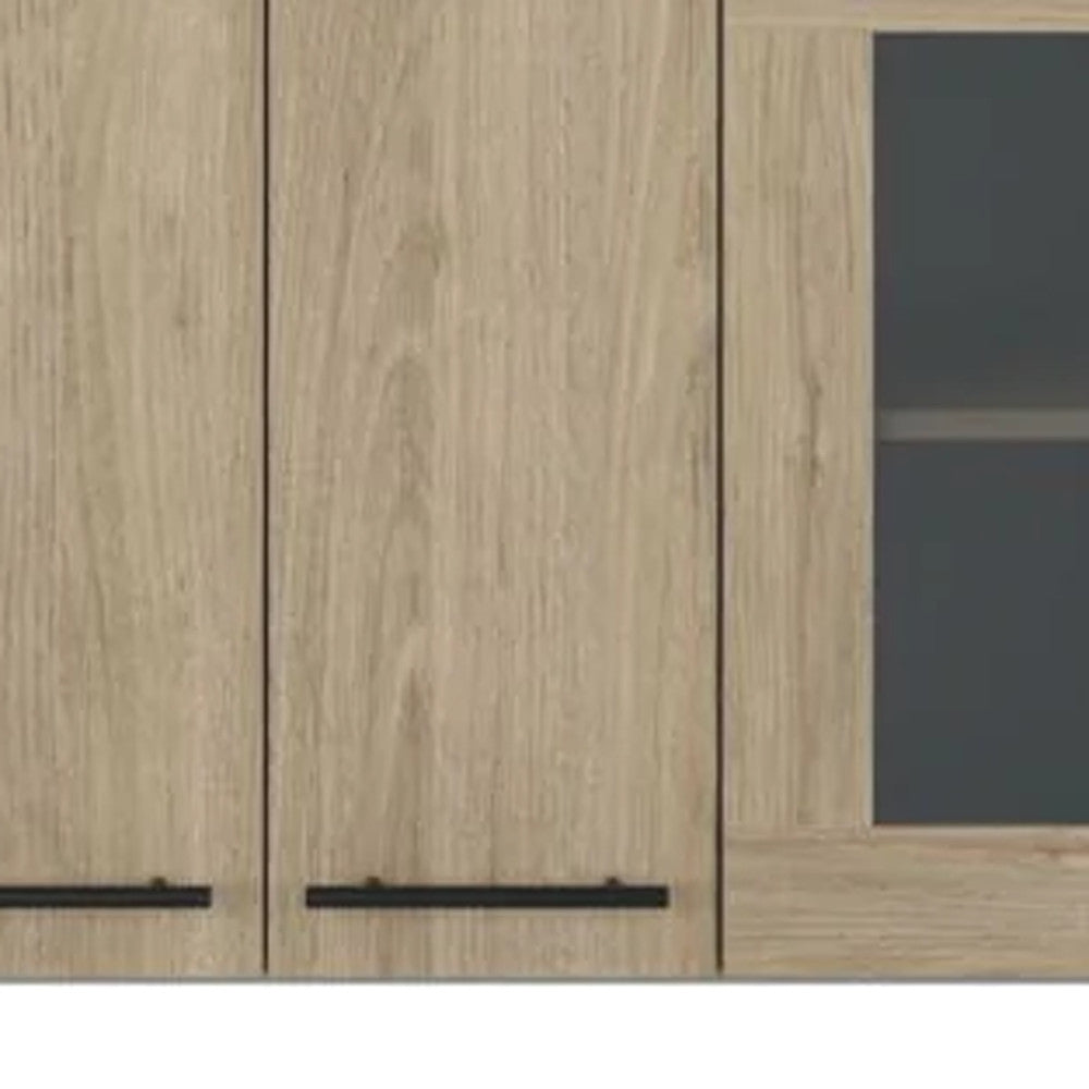 24" Gray and Natural Wood Wall Mounted Kitchen Cabinet With Three Doors-4
