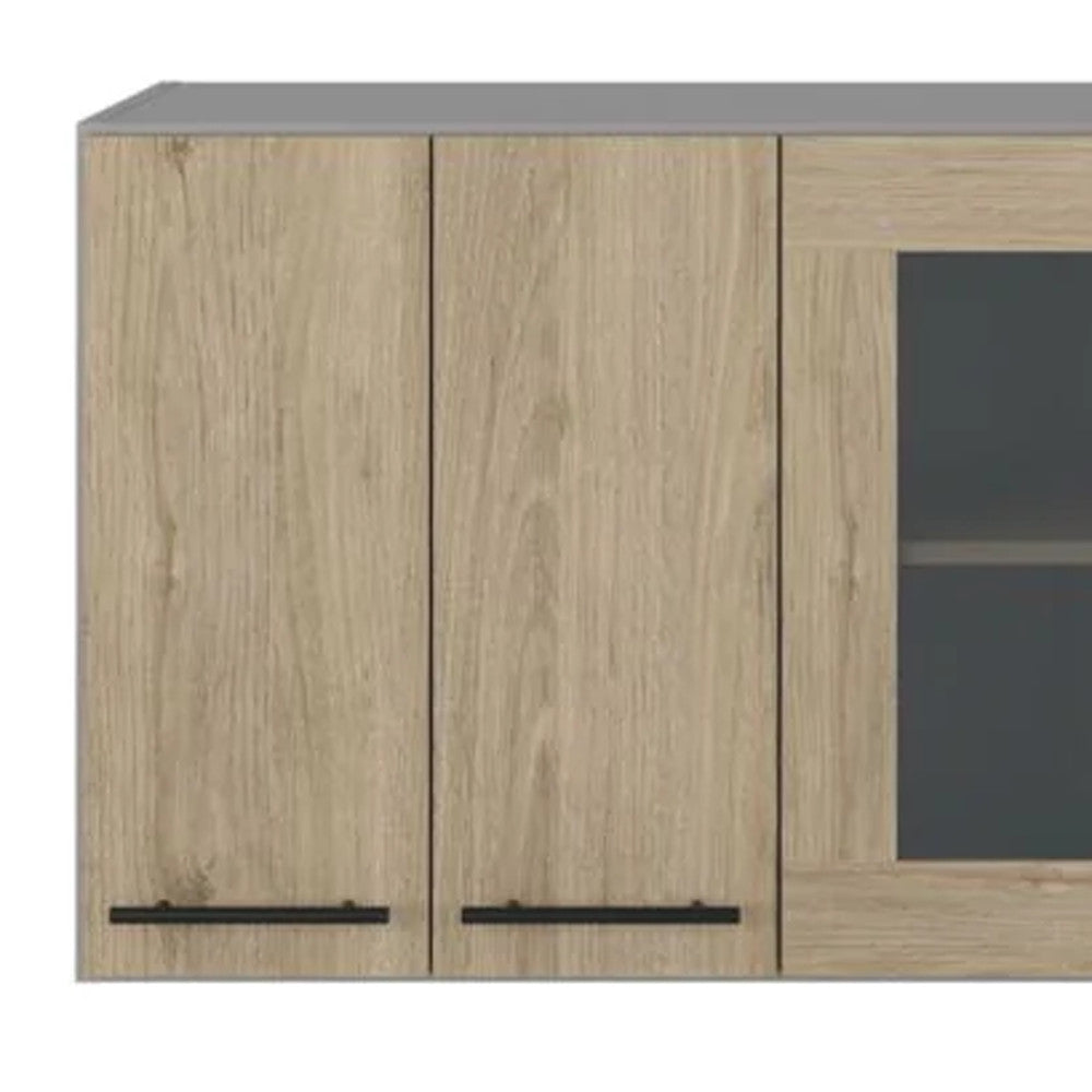 24" Gray and Natural Wood Wall Mounted Kitchen Cabinet With Three Doors-5