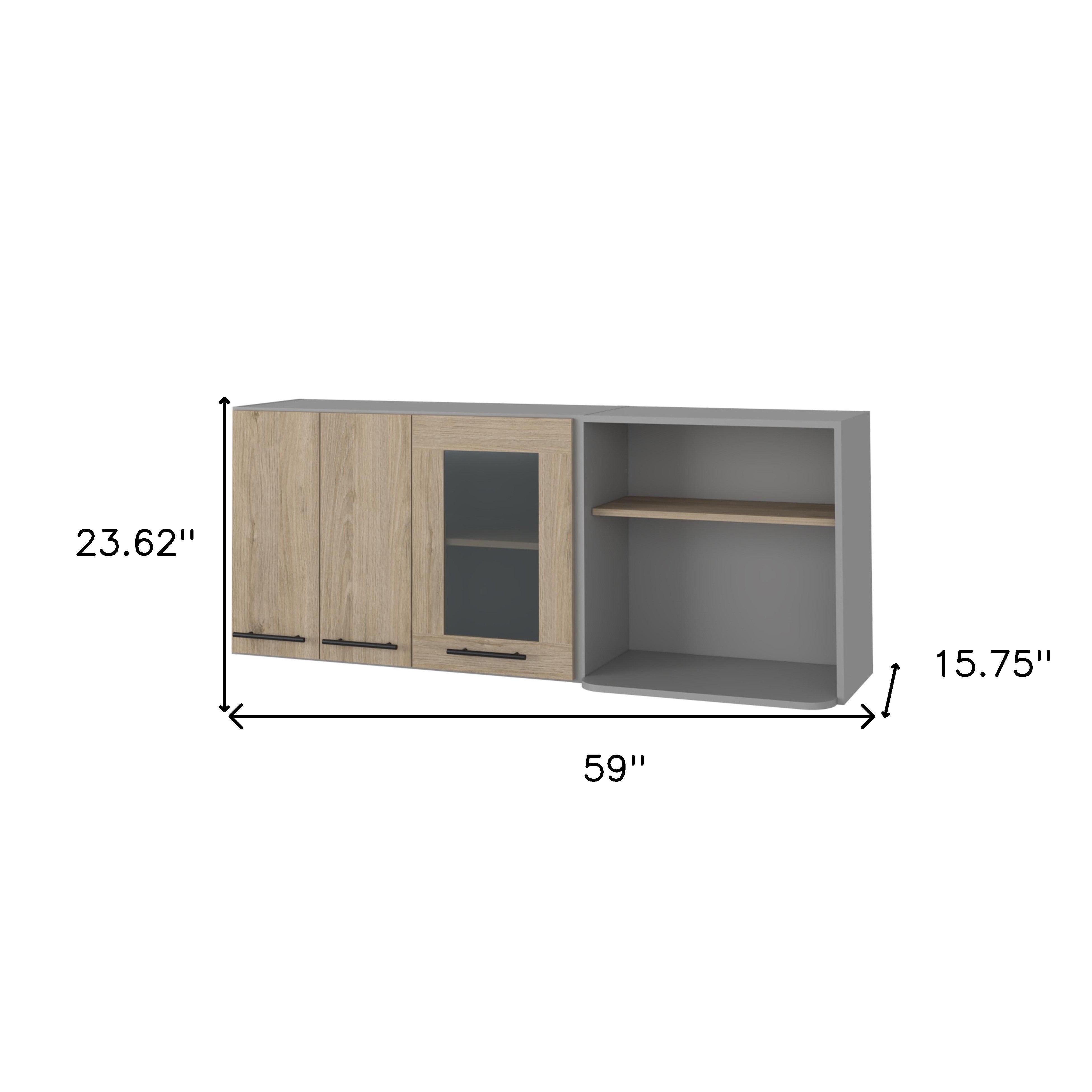 24" Gray and Natural Wood Wall Mounted Kitchen Cabinet With Three Doors-8
