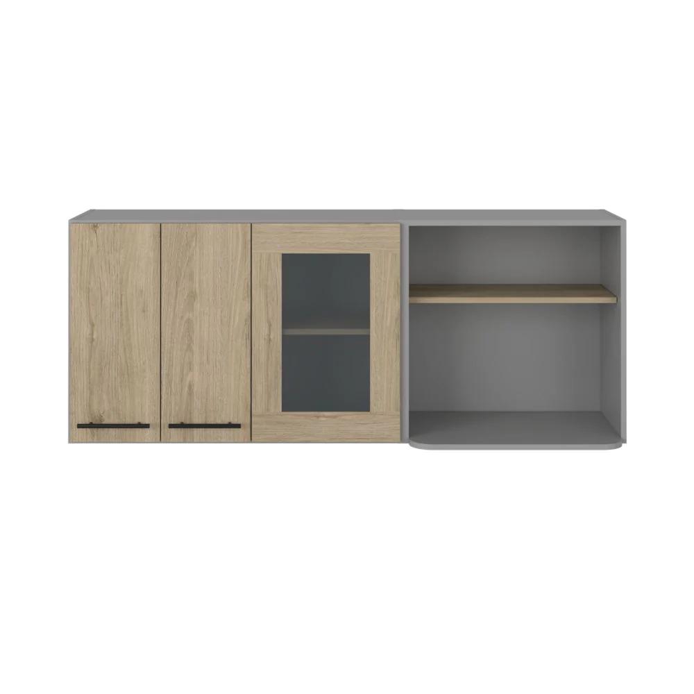24" Gray and Natural Wood Wall Mounted Kitchen Cabinet With Three Doors-1