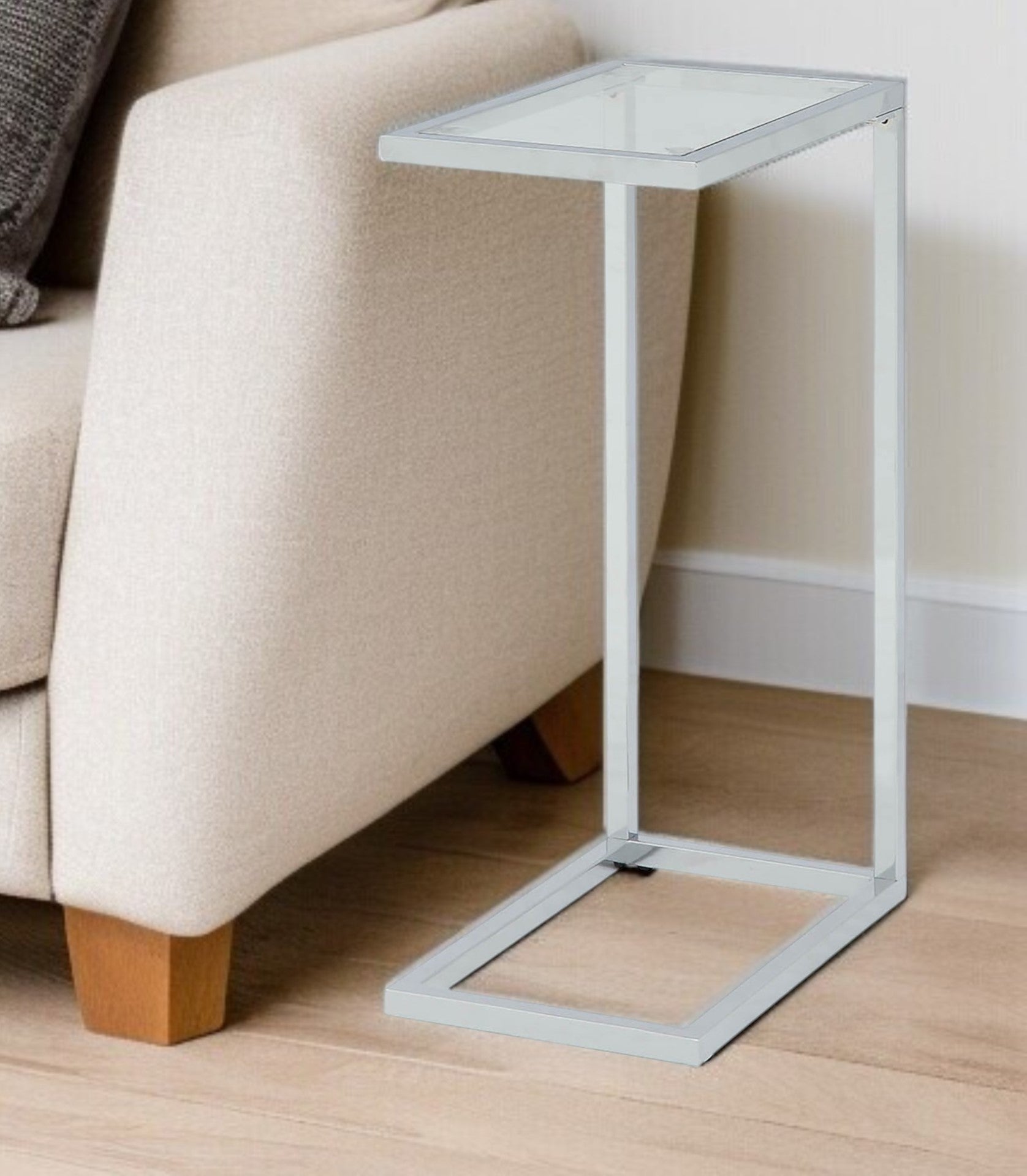26" Clear And White Glass And Steel Sled End Table-0