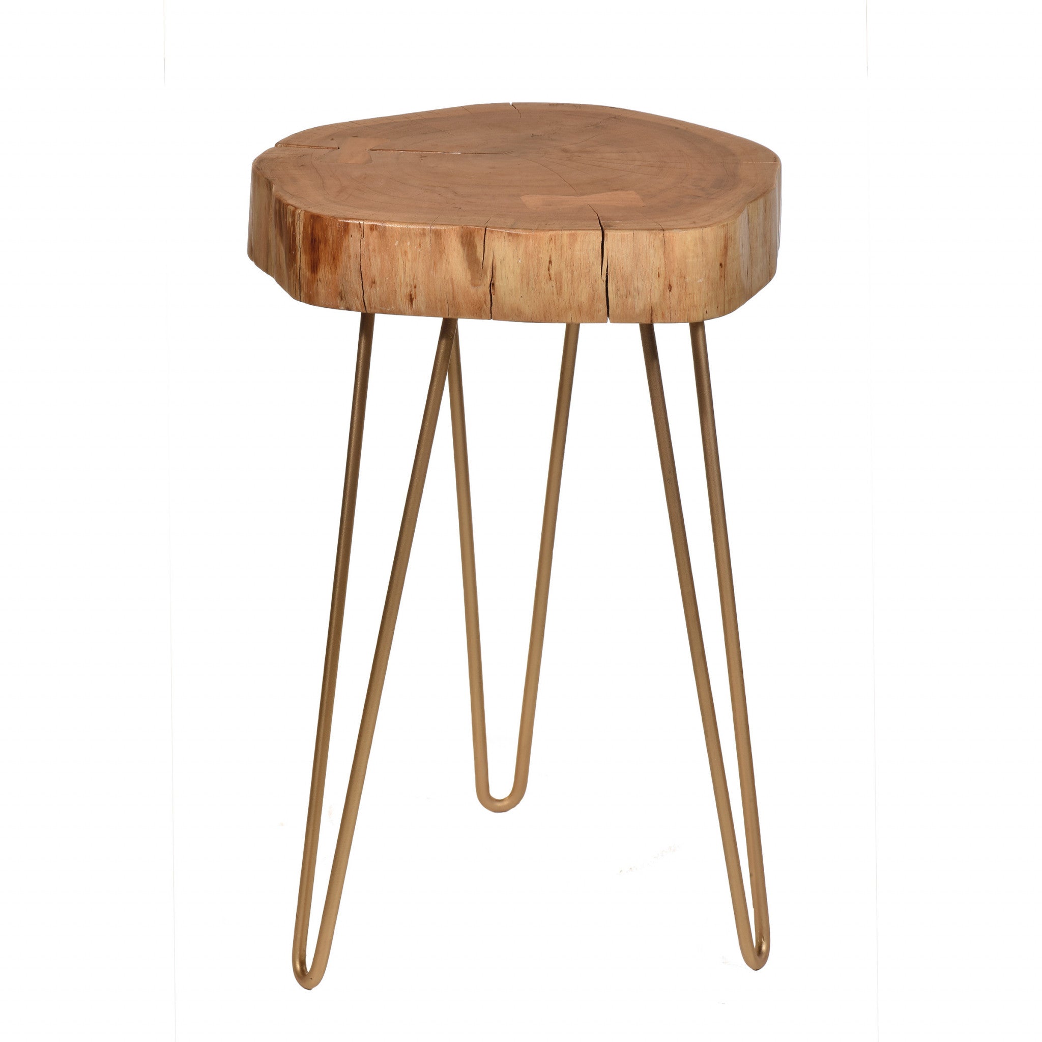 26" Gold And Natural Solid Wood Round End Table-0