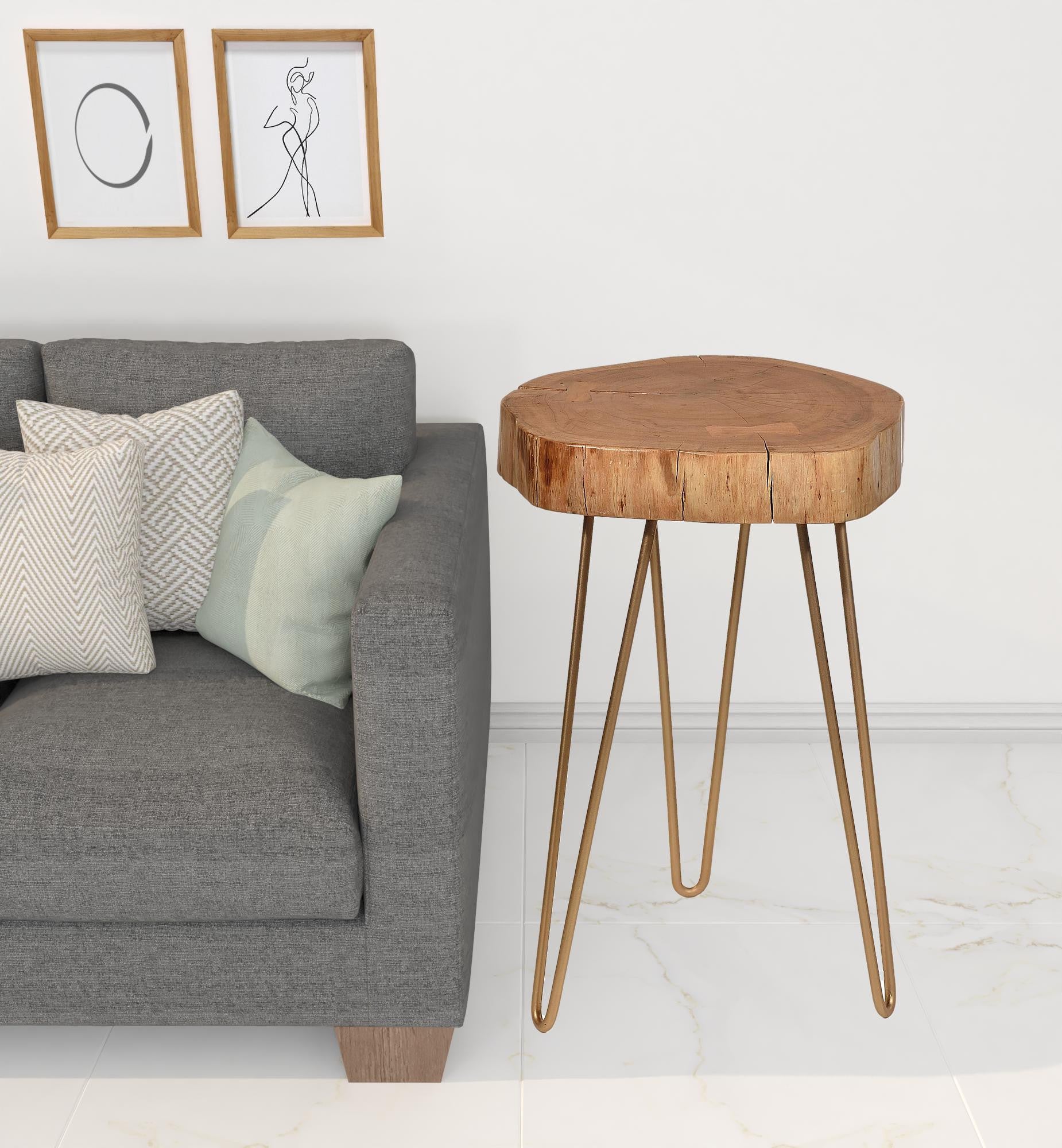 26" Gold And Natural Solid Wood Round End Table-1