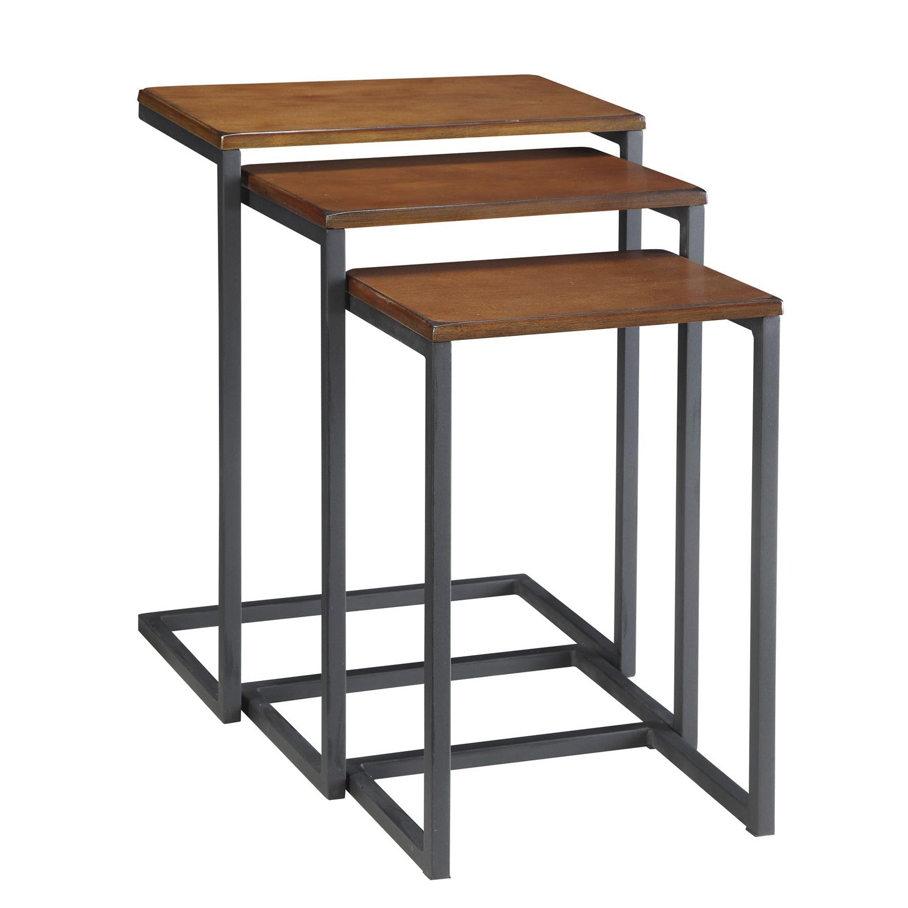 Set of Three Brown and Black Distressed Solid Wood and Metal Frame Nested Tables-0