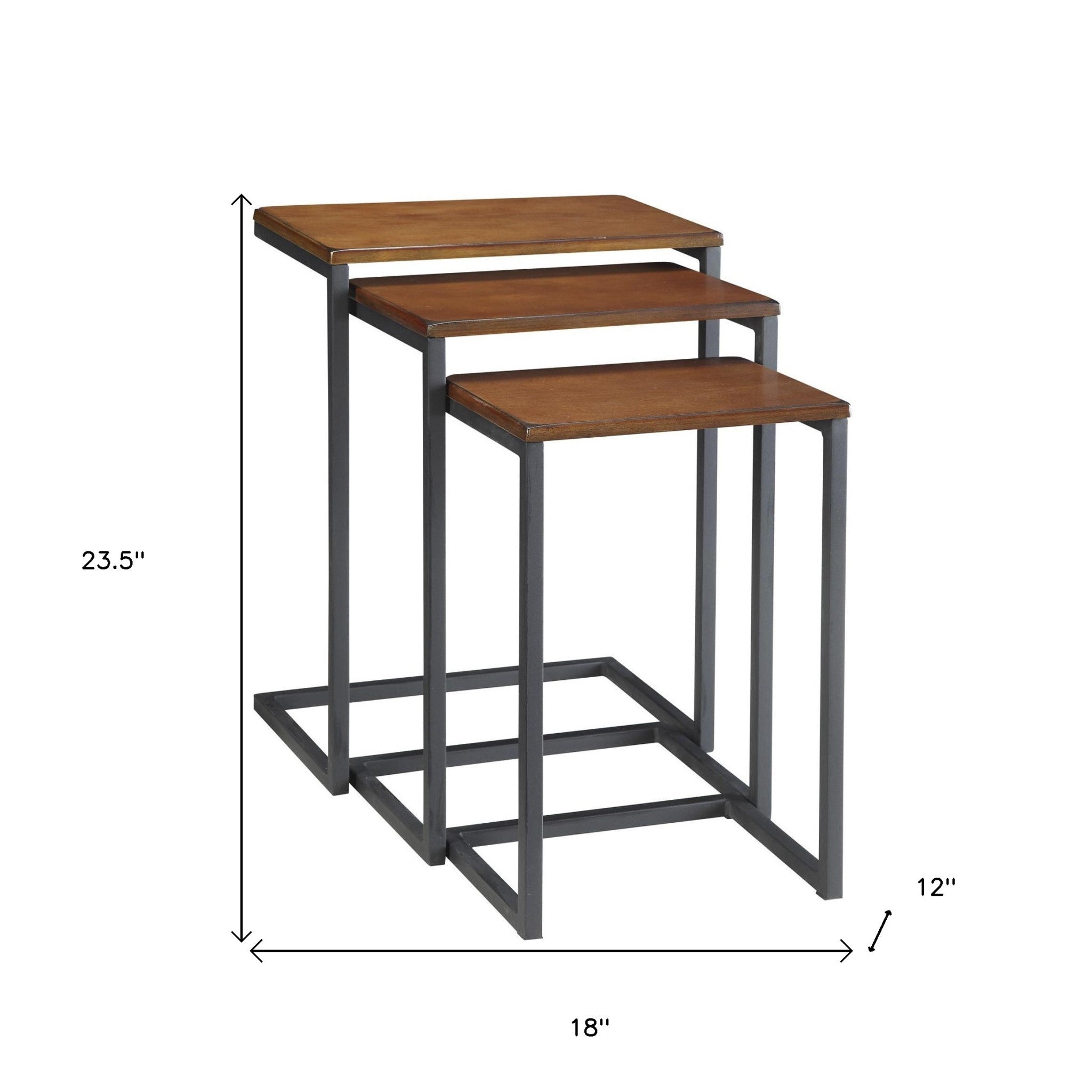 Set of Three Brown and Black Distressed Solid Wood and Metal Frame Nested Tables-4