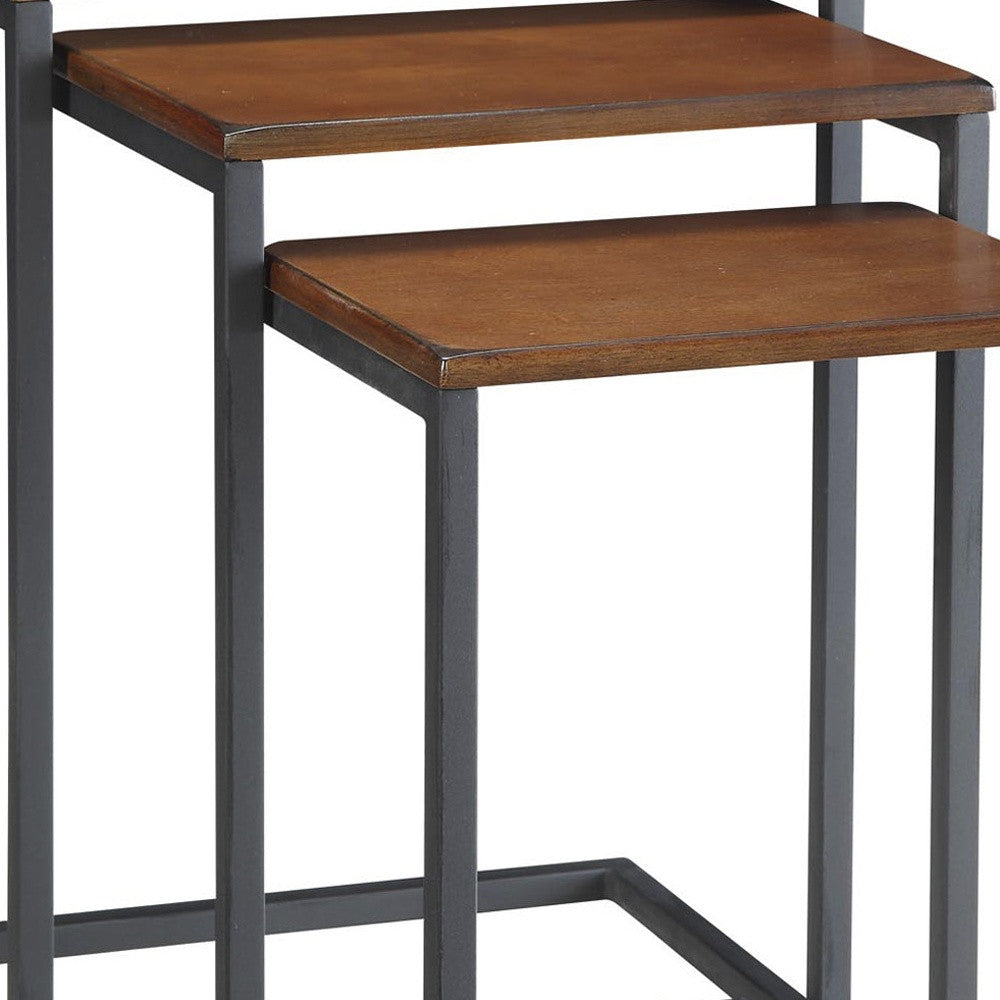 Set of Three Brown and Black Distressed Solid Wood and Metal Frame Nested Tables-2