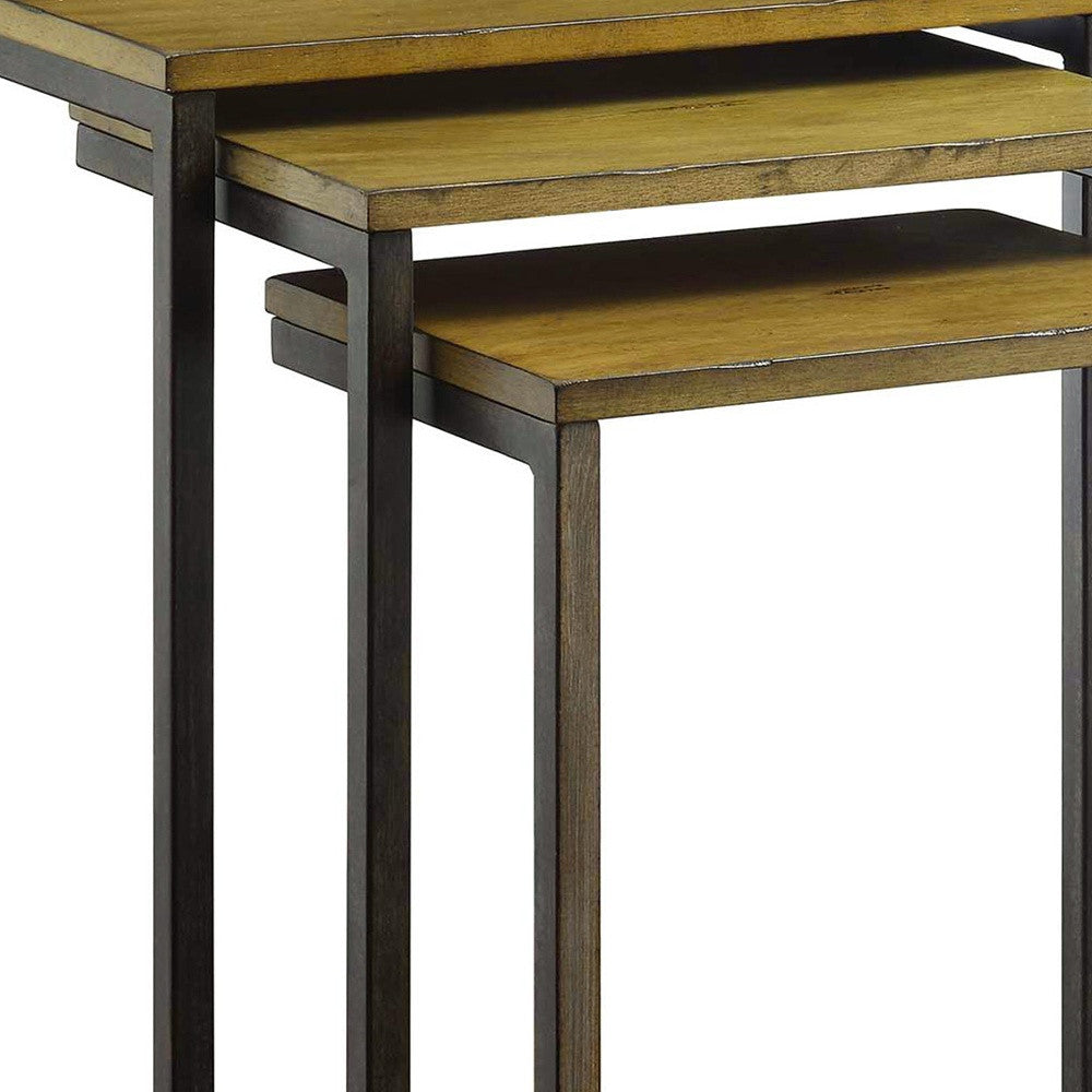 Set of Three Brown and Black Distressed Solid Wood and Steel Frame Nested Tables-2