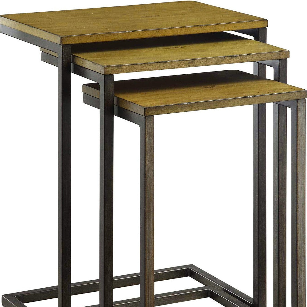Set of Three Brown and Black Distressed Solid Wood and Steel Frame Nested Tables-3