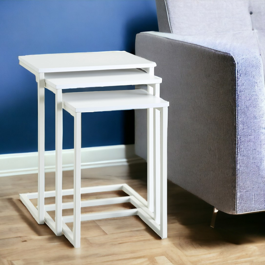 Set of Three 24" White Solid Wood And Steel Nested End Tables-0