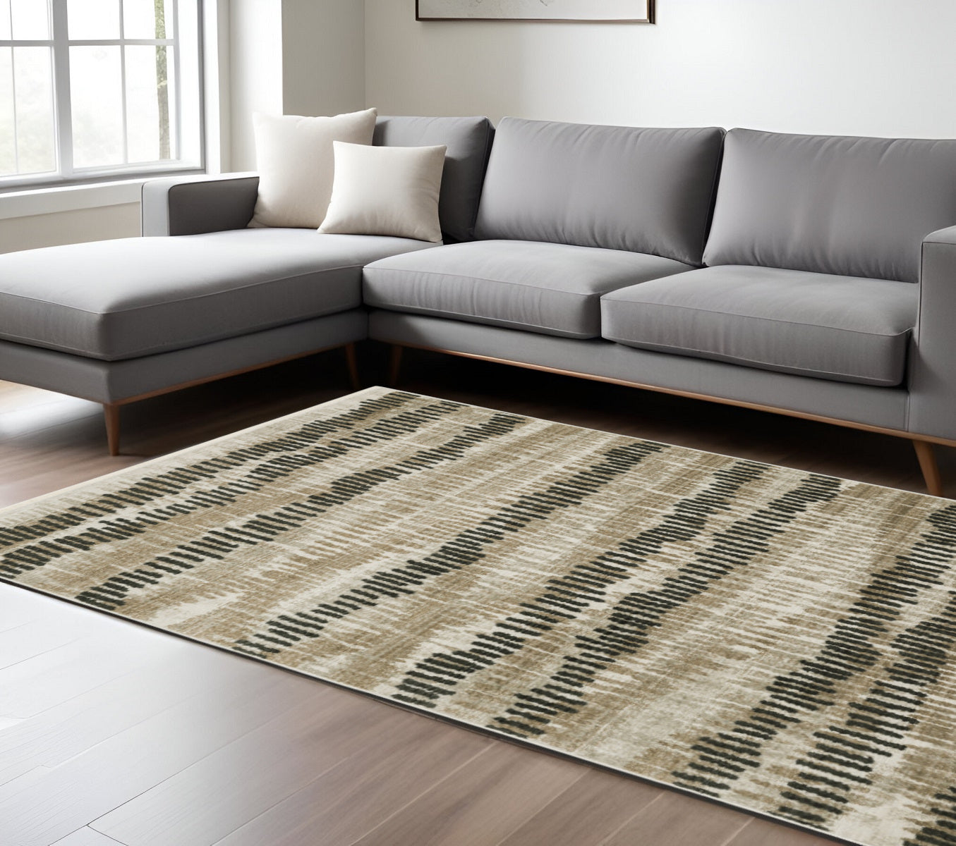 6' X 9' Beige Ivory Charcoal Brown Tan And Grey Abstract Power Loom Stain Resistant Area Rug With Fringe-0