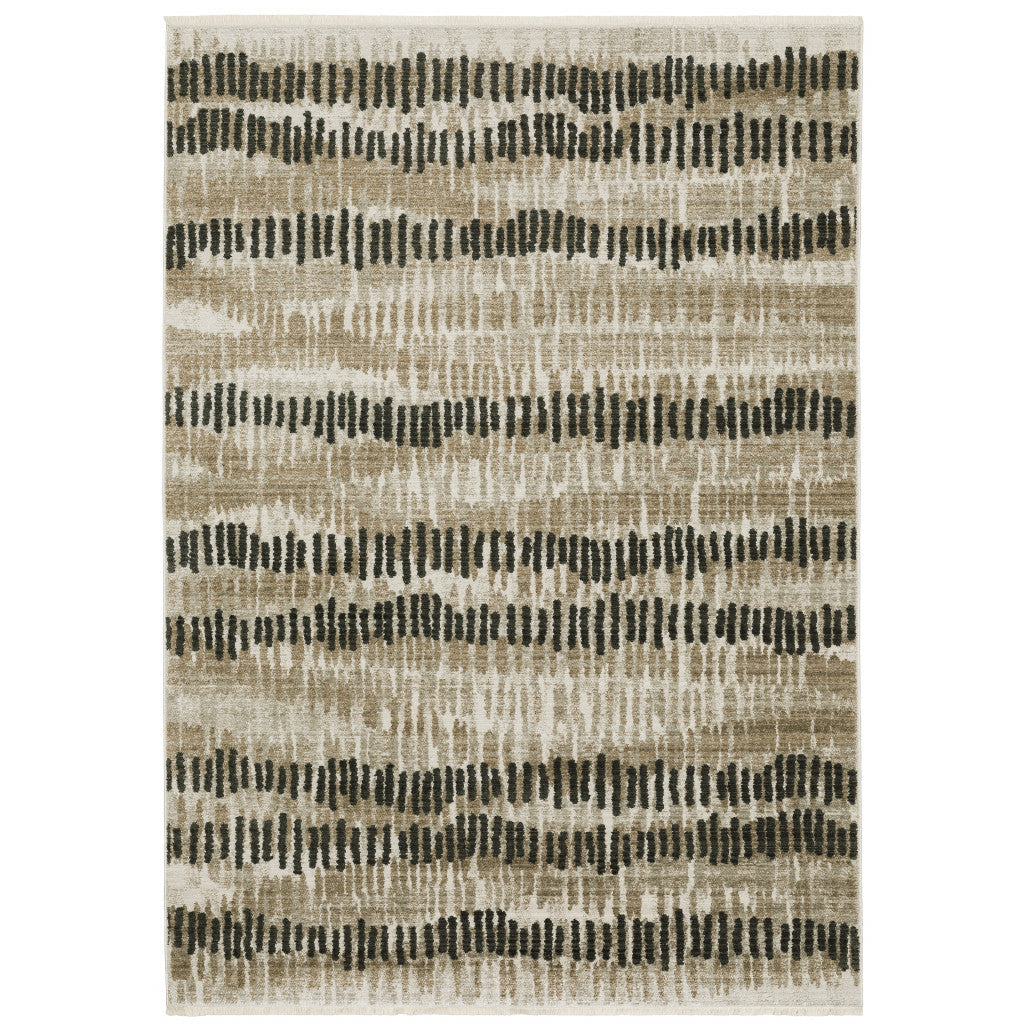 6' X 9' Beige Ivory Charcoal Brown Tan And Grey Abstract Power Loom Stain Resistant Area Rug With Fringe-1