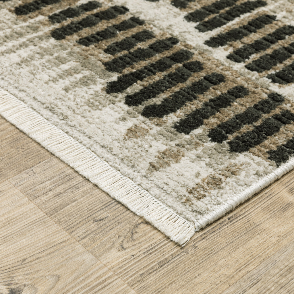 6' X 9' Beige Ivory Charcoal Brown Tan And Grey Abstract Power Loom Stain Resistant Area Rug With Fringe-4