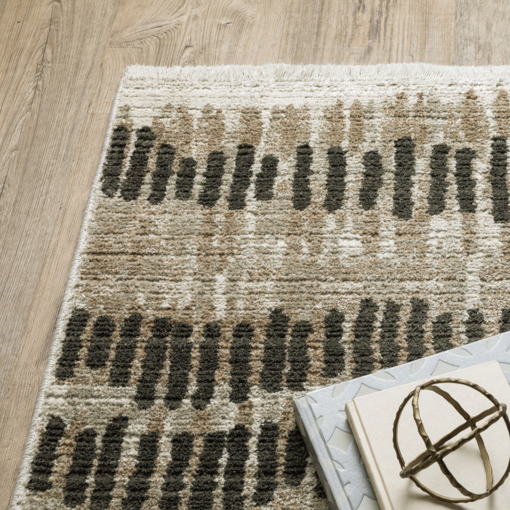 6' X 9' Beige Ivory Charcoal Brown Tan And Grey Abstract Power Loom Stain Resistant Area Rug With Fringe-3