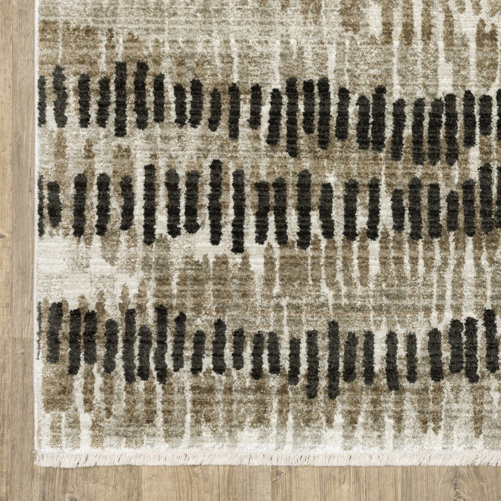 6' X 9' Beige Ivory Charcoal Brown Tan And Grey Abstract Power Loom Stain Resistant Area Rug With Fringe-7