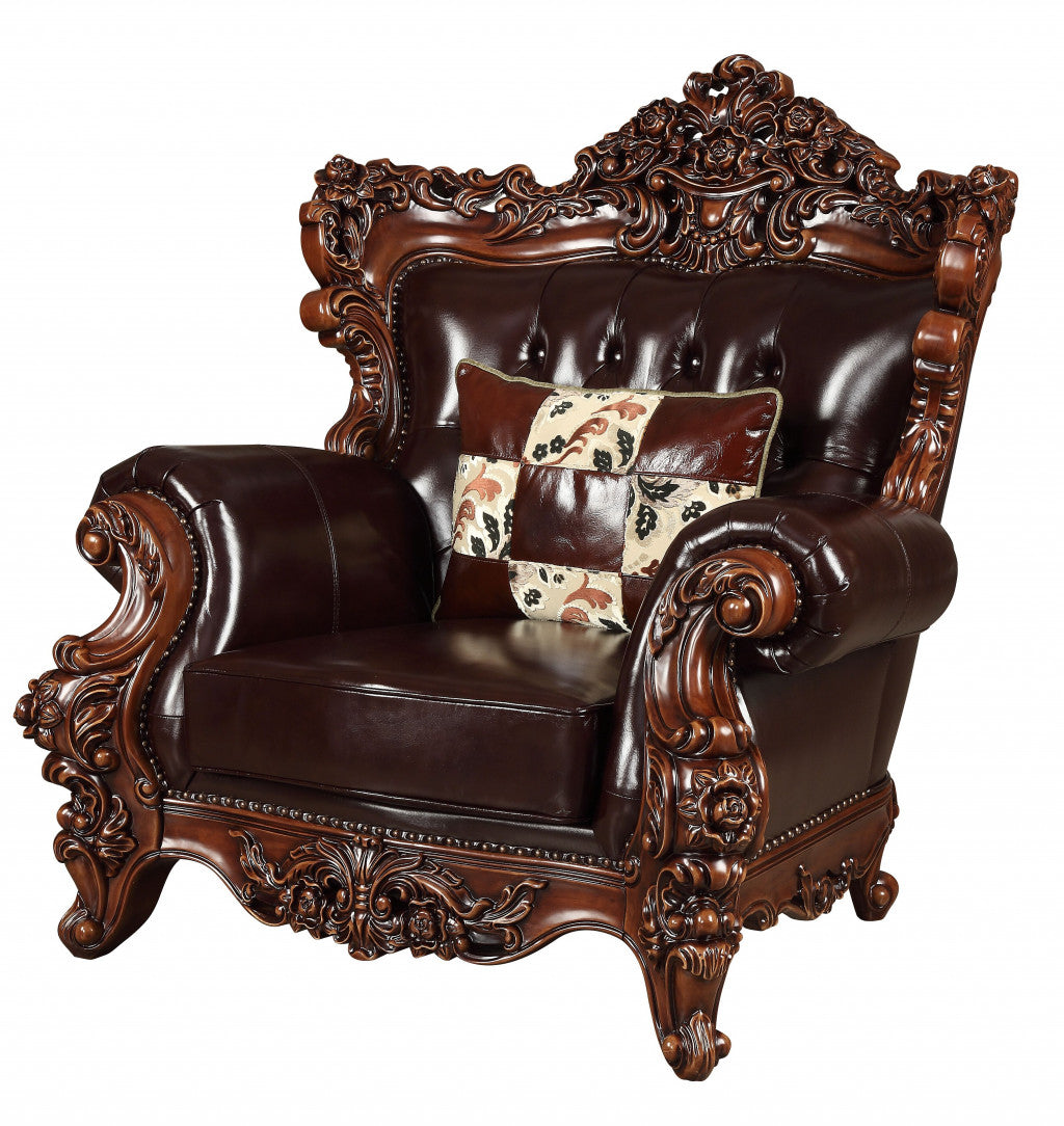 50" Espresso Faux Leather Tufted Wingback Chair And Toss Pillow-1